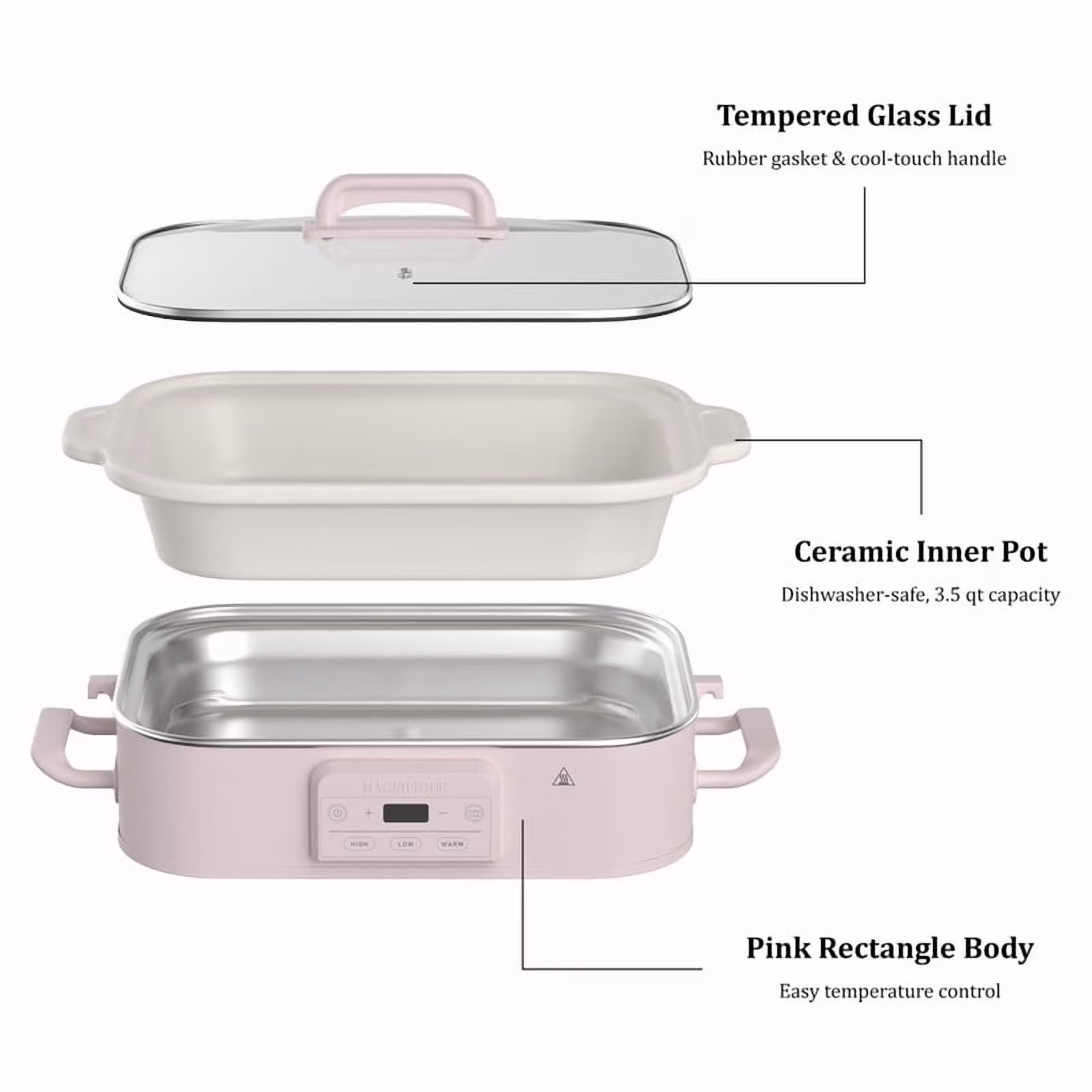 MAGNIFIQUE 4 Quart Pink Casserole Digital Slow Cooker, Premium Ceramic Bakeware for Oven - Image 4