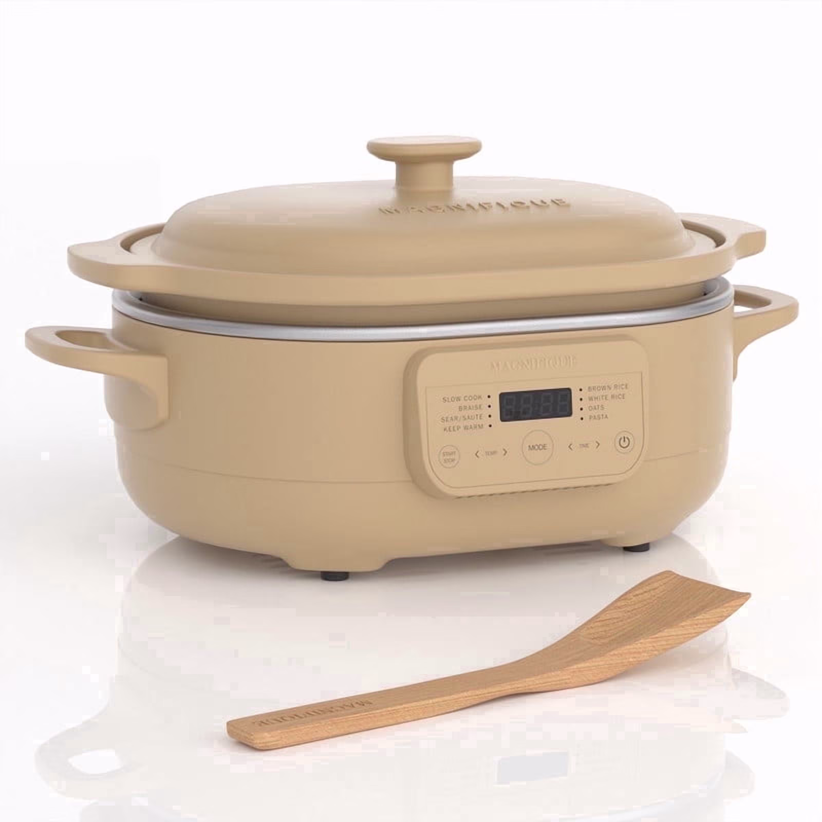 MAGNIFIQUE Programmable Claypot Oven Multi-Cooker 4 Qt with Wooden Spatula, Multi-Functional Slow Cook, Braise, Sear, Pasta Cooking for Small Kitchens