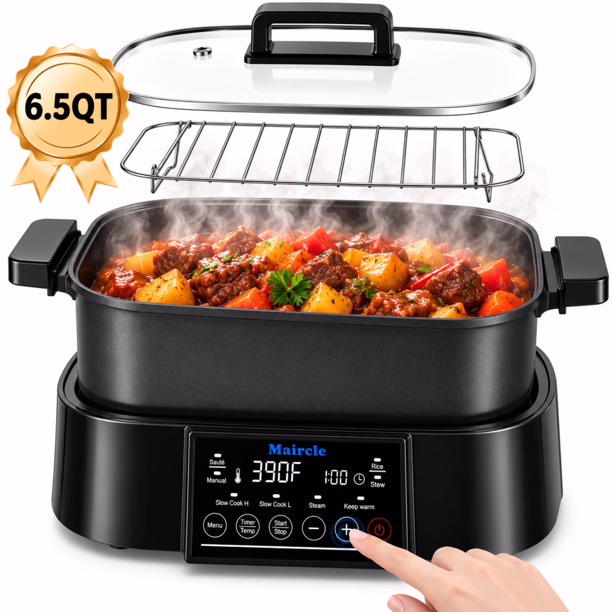 Maircle 6.5QT Digital Programmable Slow Cooker, 8-in-1 Multi Cooker, Large Capacity with Timer, Temp Control, Keep Warm, Nonstick Removable Pot, Black