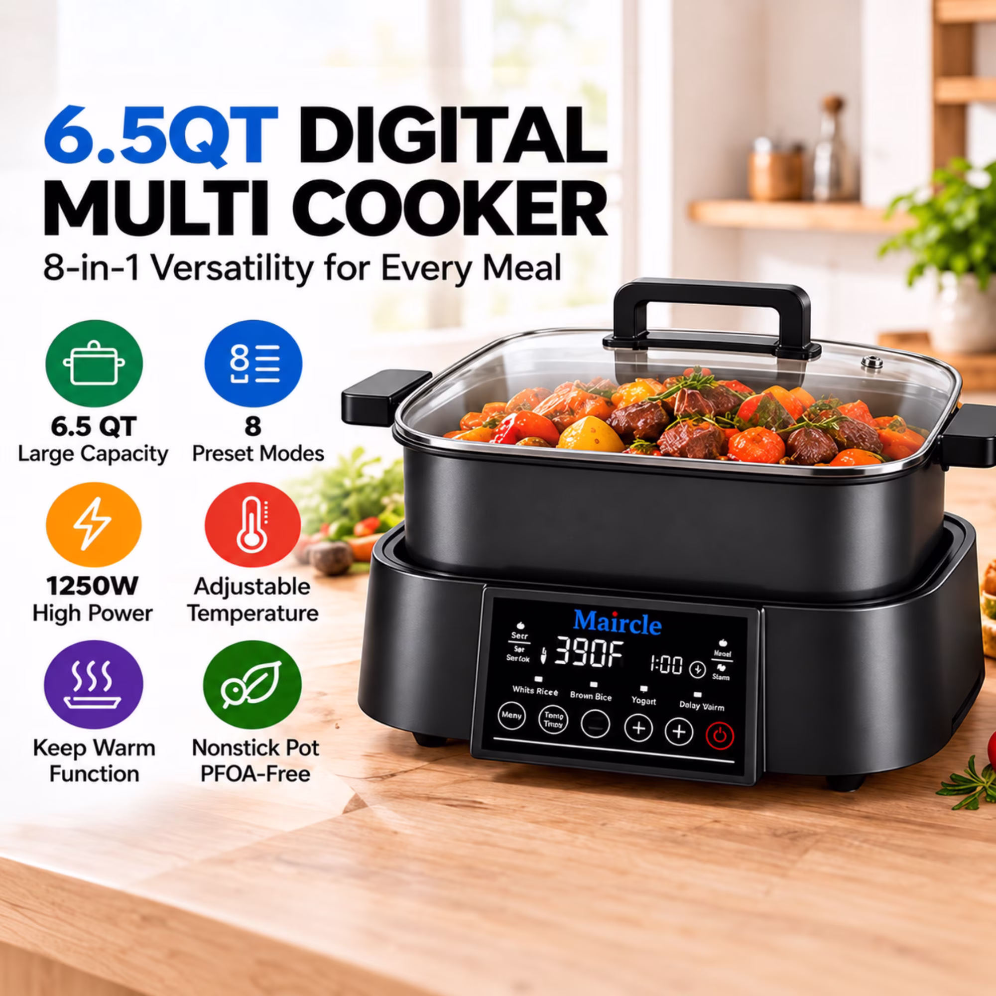 Maircle 6.5QT Digital Programmable Slow Cooker, 8-in-1 Multi Cooker, Large Capacity with Timer, Temp Control, Keep Warm, Nonstick Removable Pot, Black - Image 5