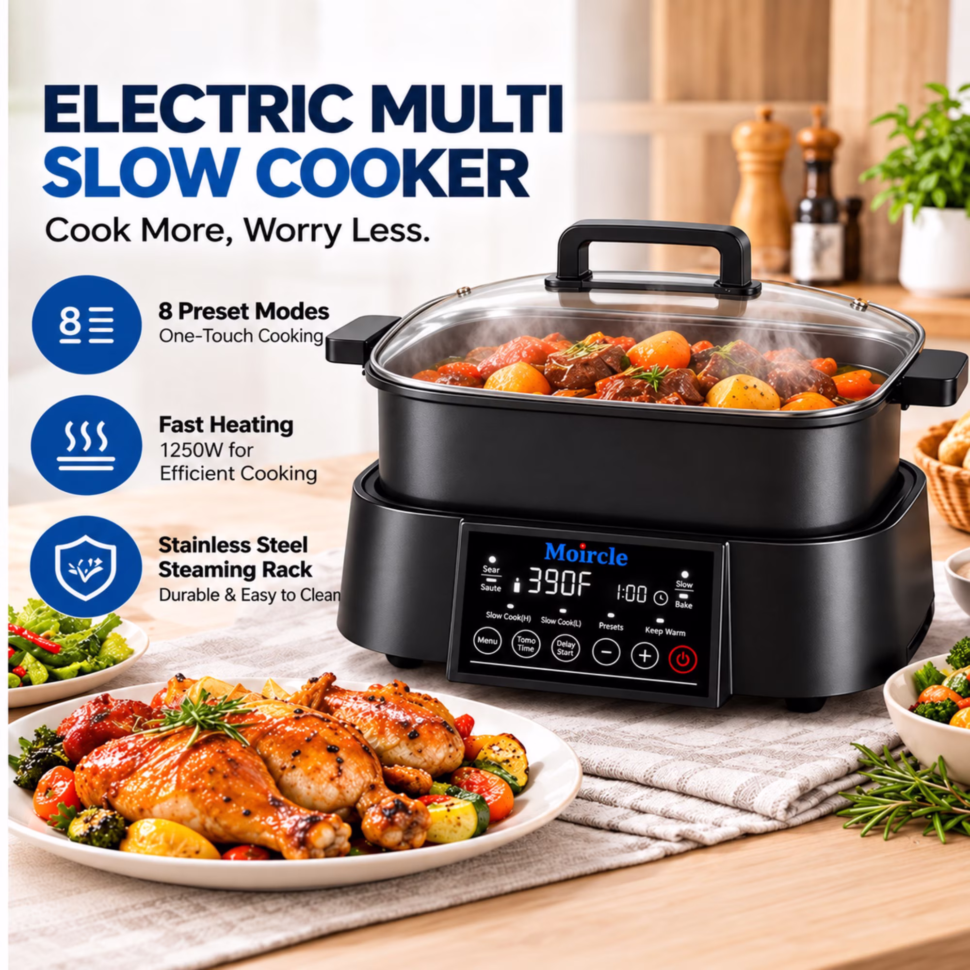 Maircle 6.5QT Digital Programmable Slow Cooker, 8-in-1 Multi Cooker, Large Capacity with Timer, Temp Control, Keep Warm, Nonstick Removable Pot, Black - Image 2