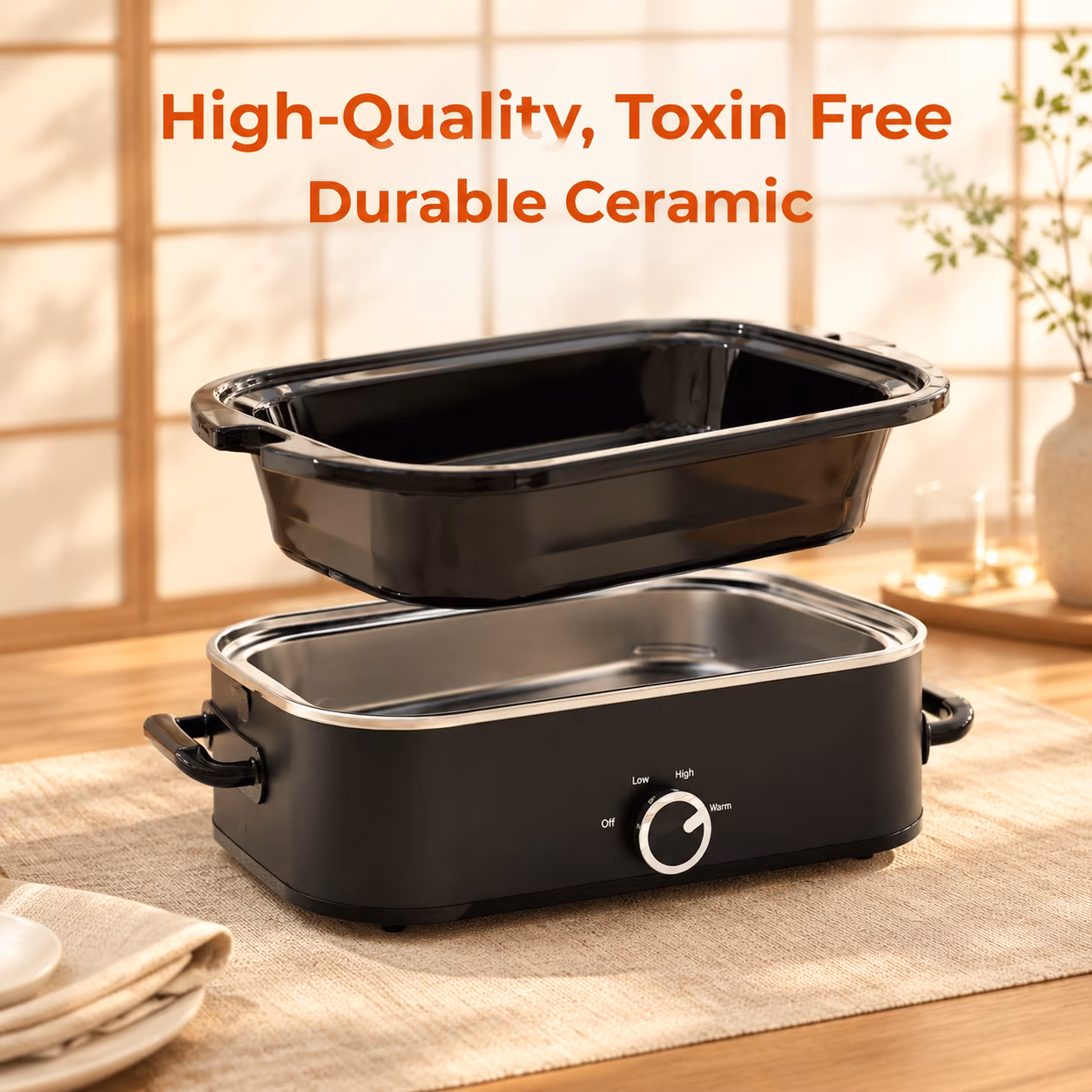 Manual Black 4 Quarts Slow Cooker, Square Kitchen Small Appliance for Family Dinners - Image 4