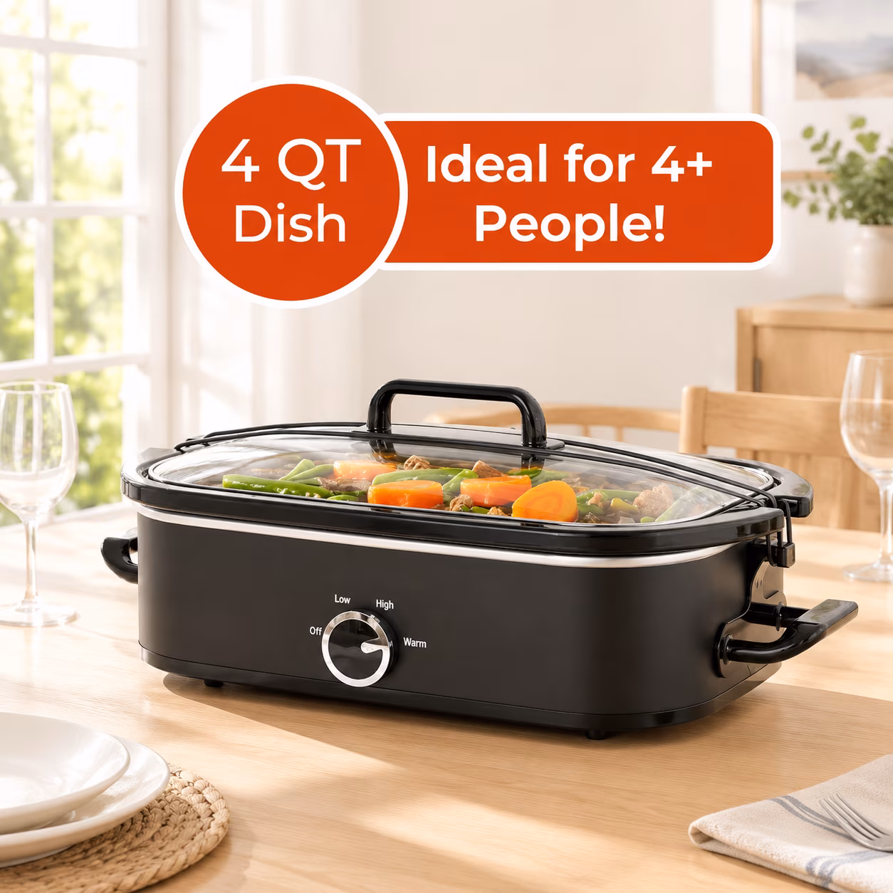 Manual Black 4 Quarts Slow Cooker, Square Kitchen Small Appliance for Family Dinners - Image 2