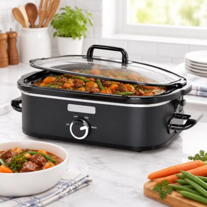 Manual Black 4 Quarts Slow Cooker, Square Kitchen Small Appliance for Family Dinners