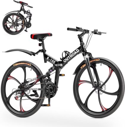 Marknig 26 inch Folding Mountain Bike, 21 Speed Full Suspension High-Carbon Steel MTB Foldable Bicycle, Dual Disc Brake Non-Slip Folding Bikes for Adults/Men/Women, Black