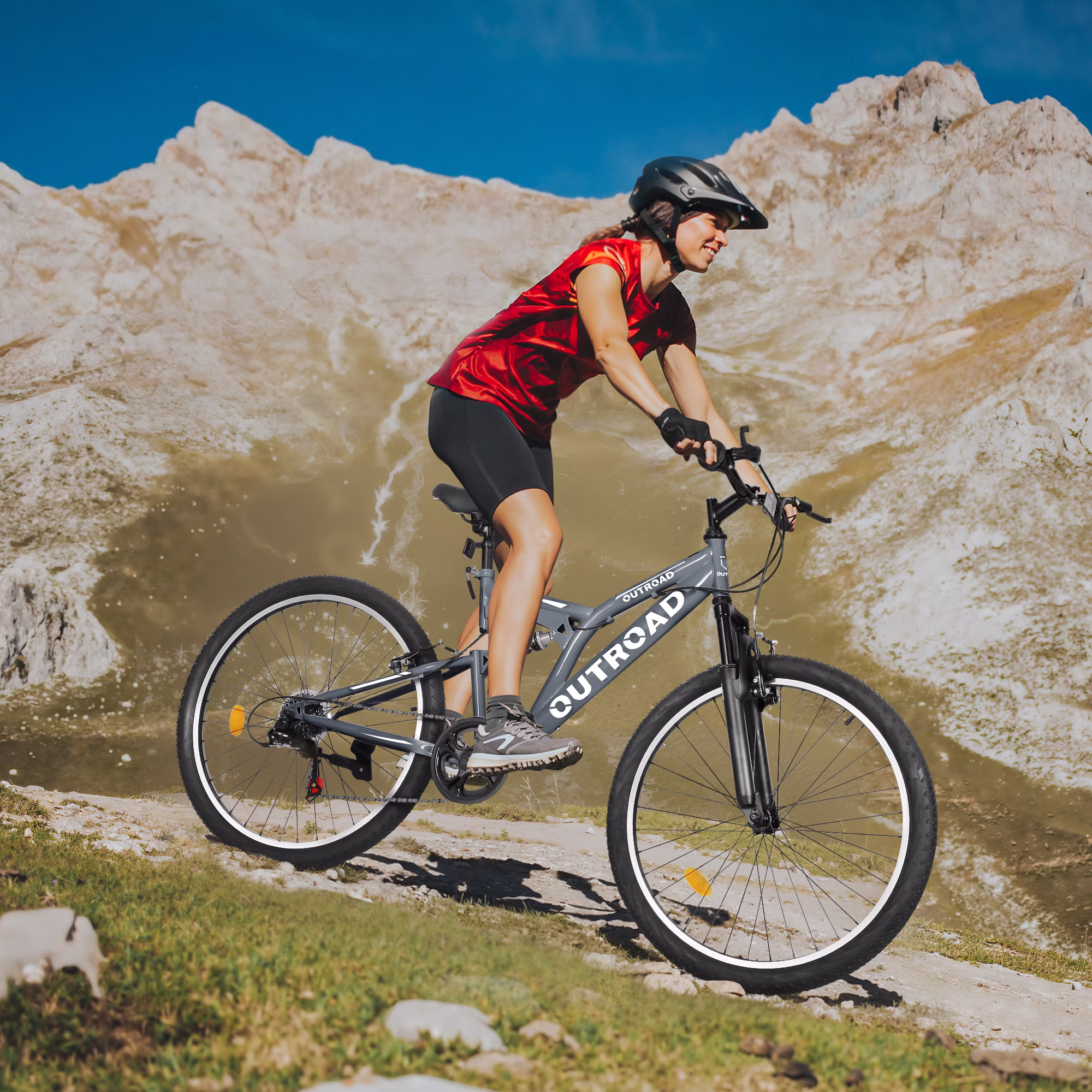 Marknig 26 inch Mountain Bike, 7 Speed Adult Bicycle with High-Carbon Steel Frame, Dual Disc & V-Brakes, Adjustable Seat for Men and Women,MTB with Shock Absorption System, Gray - Image 3