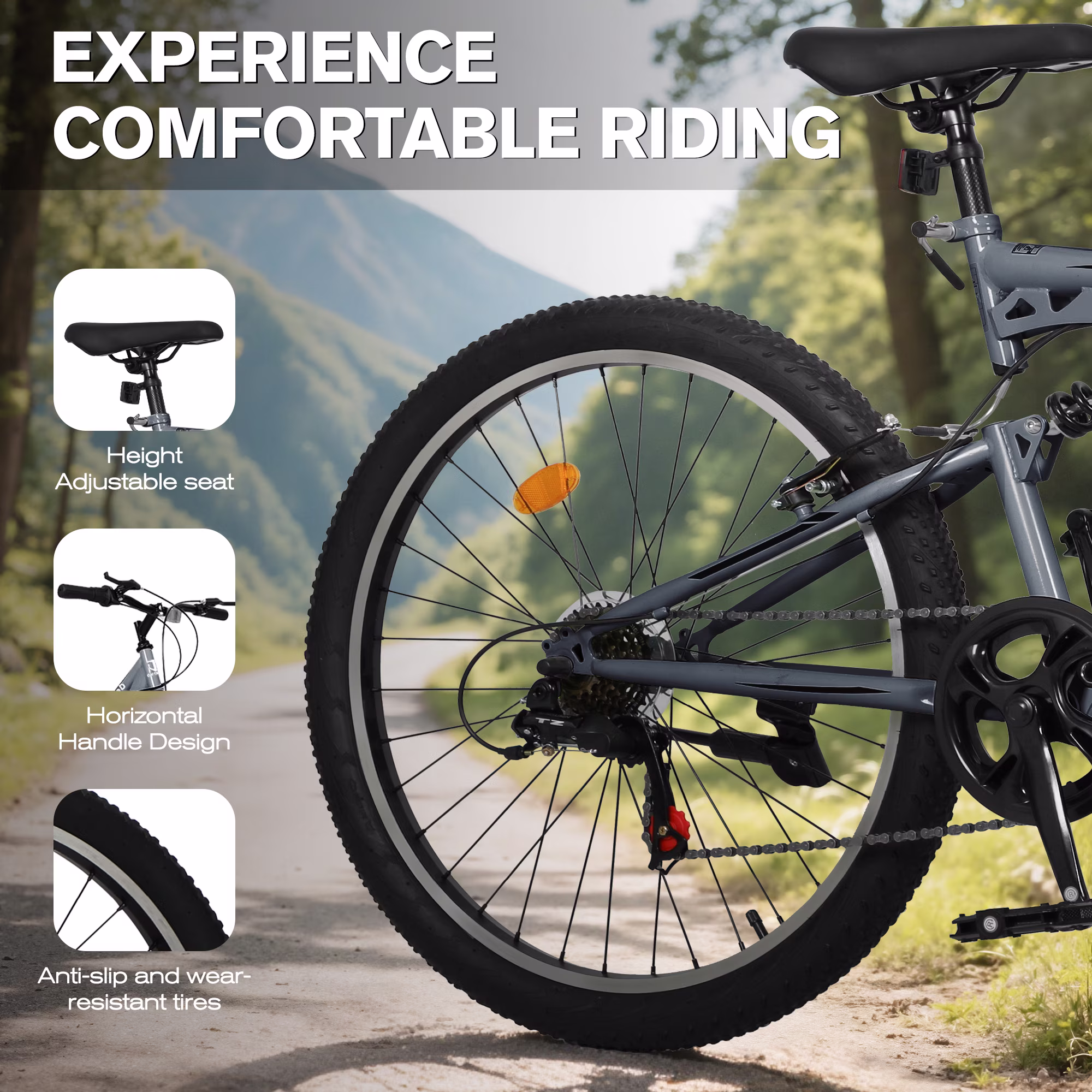 Marknig 26 inch Mountain Bike, 7 Speed Adult Bicycle with High-Carbon Steel Frame, Dual Disc & V-Brakes, Adjustable Seat for Men and Women,MTB with Shock Absorption System, Gray - Image 5