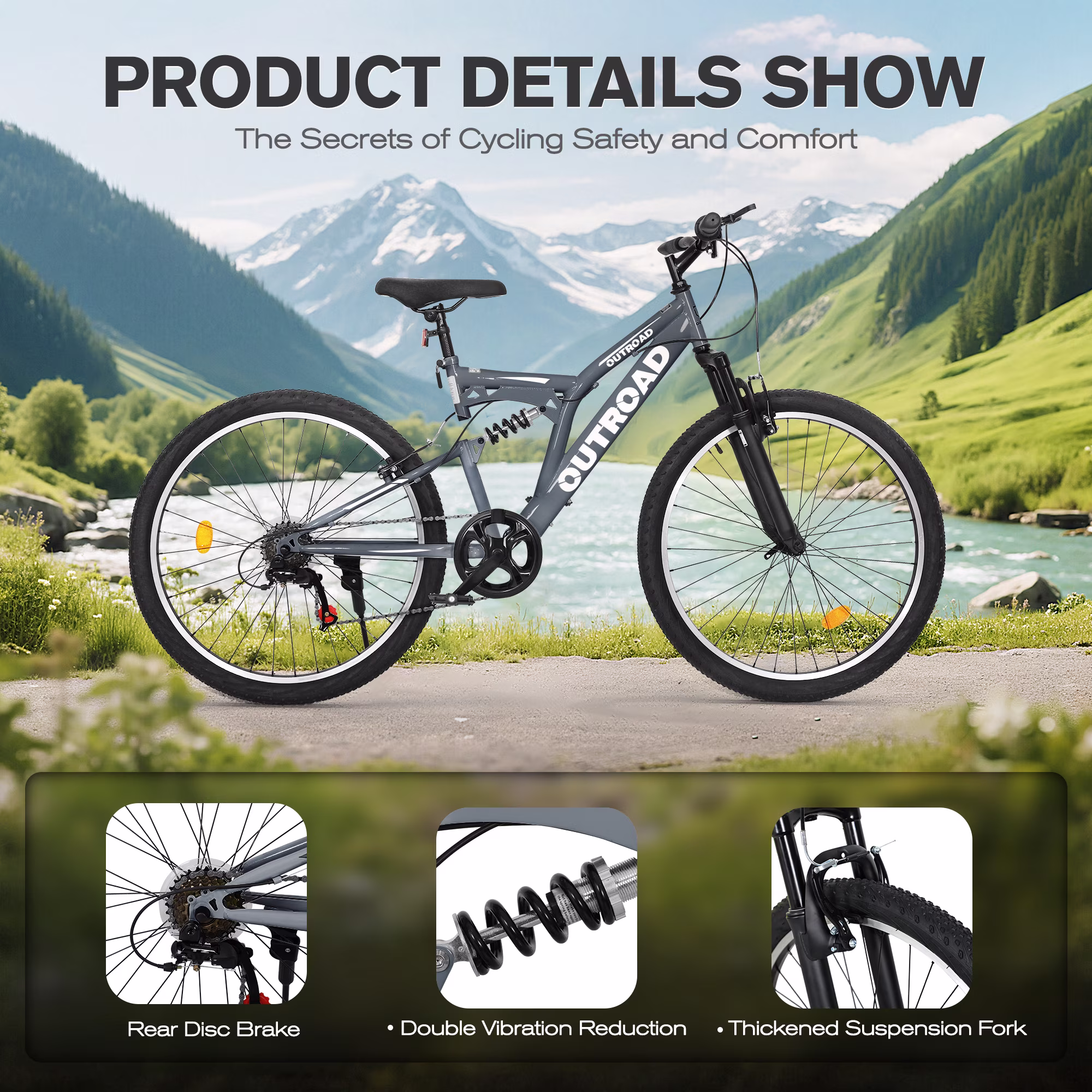 Marknig 26 inch Mountain Bike, 7 Speed Adult Bicycle with High-Carbon Steel Frame, Dual Disc & V-Brakes, Adjustable Seat for Men and Women,MTB with Shock Absorption System, Gray - Image 4