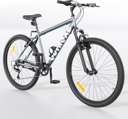 Marknig 26" Mountain Bike 7 Speed Bicycle for Adult with High-Carbon Steel Frame, Dual Disc & V-Brakes, Adjustable Seat for Men and Women, Gray