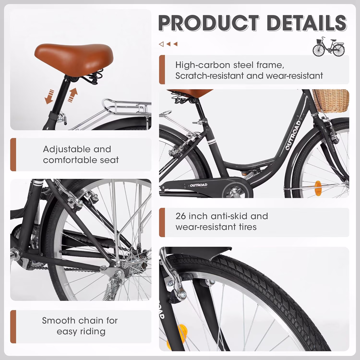 Marknig Cruiser Bike, 26 inch Beach & City Cruiser Bicycle for Adult Men and Women with Carbon Steel Frame and Rear Rack/Basket,Black - Image 3