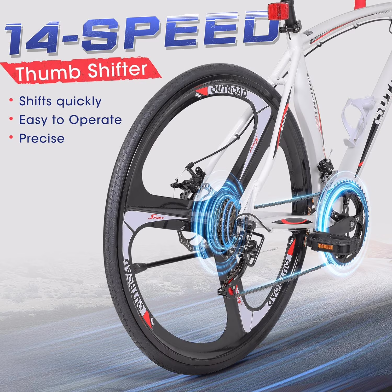 Marknig Road Bike, 14-Speed 700C Racing Bike for Adults with Lightweight Aluminum Frame and Dual Disc & V-Brakes, Commuter Bicycle for Men & Women, Smooth-Riding Fitness & City Bike, White & Red - Image 4