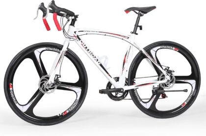 Marknig Road Bike, 14-Speed 700C Racing Bike for Adults with Lightweight Aluminum Frame and Dual Disc & V-Brakes, Commuter Bicycle for Men & Women, Smooth-Riding Fitness & City Bike, White & Red