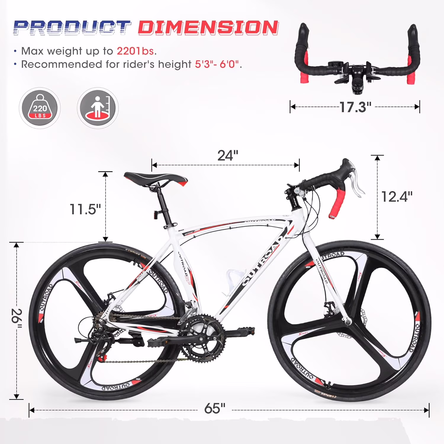 Marknig Road Bike, 14-Speed 700C Racing Bike for Adults with Lightweight Aluminum Frame and Dual Disc & V-Brakes, Commuter Bicycle for Men & Women, Smooth-Riding Fitness & City Bike, White & Red - Image 3