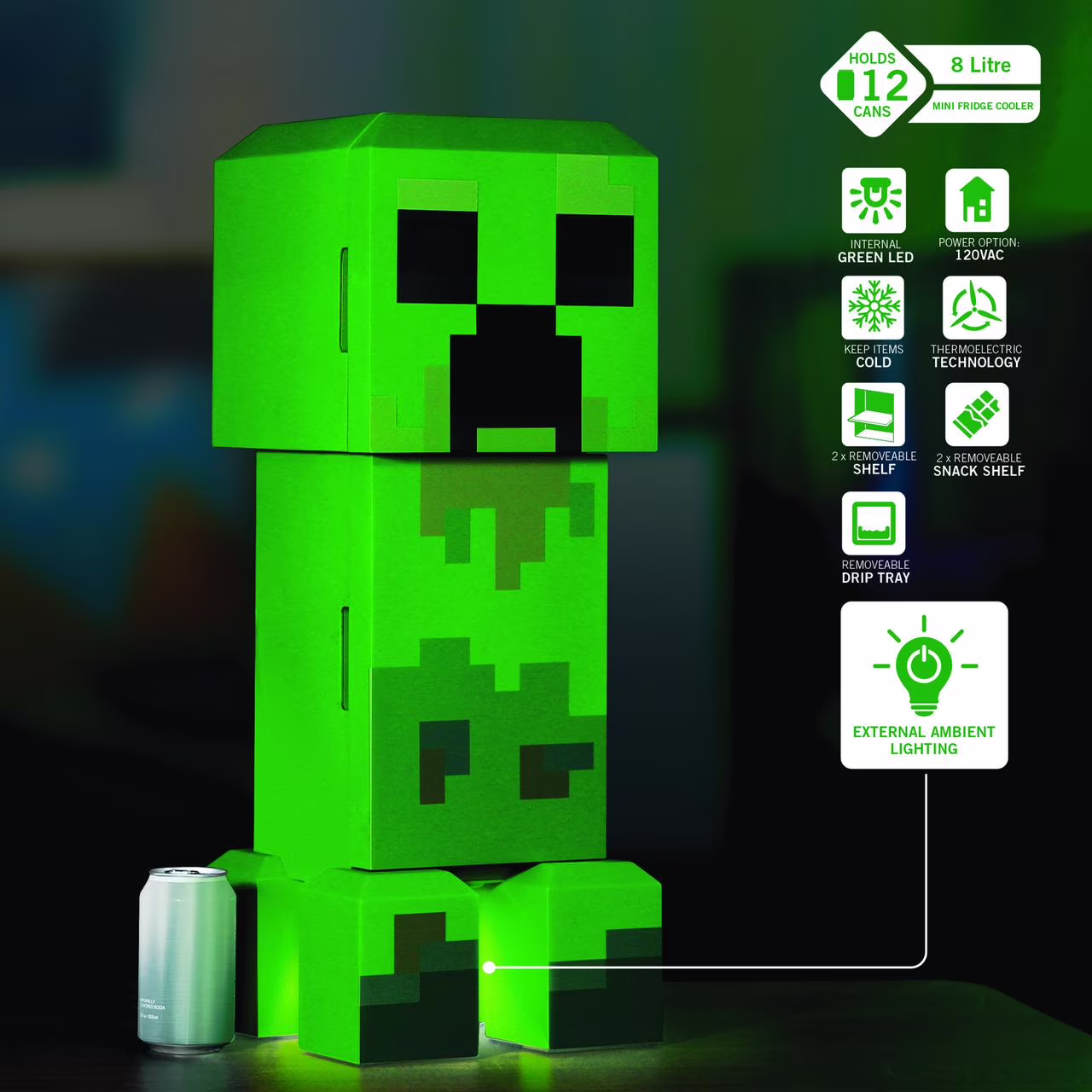 Minecraft Creeper Mini Fridge 2 Door, 8L, Green, 25.2" H 9.5" W 9.1" D - Image 3