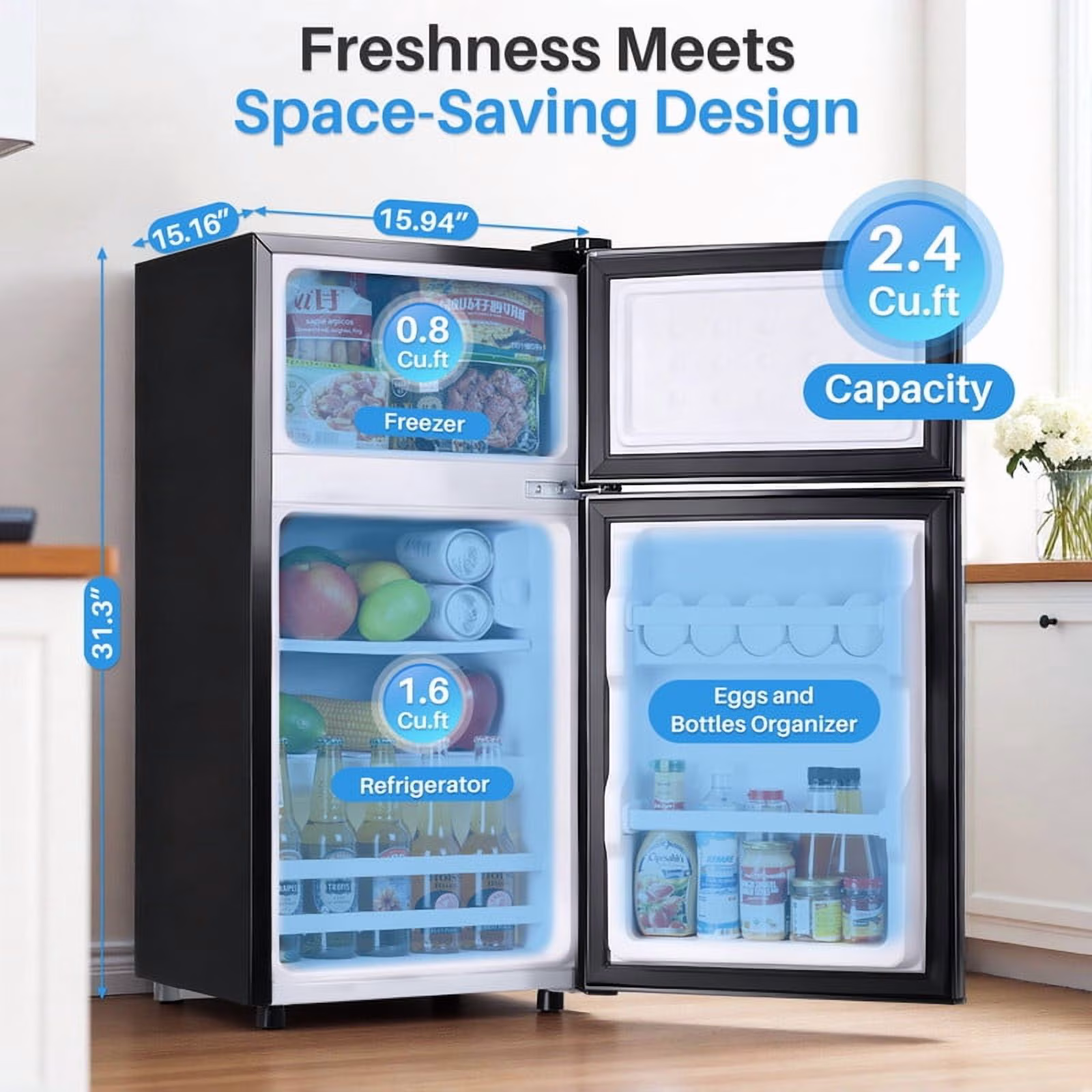Mini Fridge with Freezer, 2.4 Cu.ft Compact Dual-Door Refrigerator for Bedroom, Dorm, Office, Black - Image 2