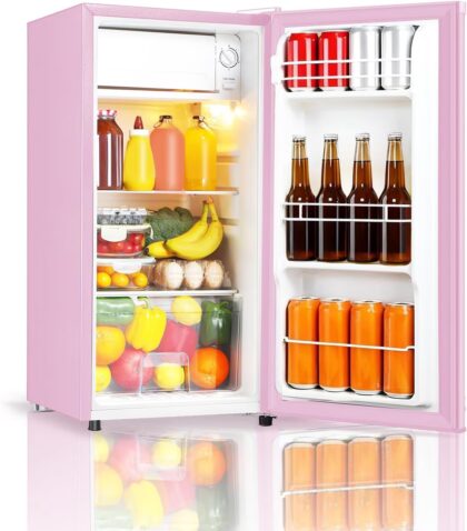 Mini Fridge with Freezer, Single Door 3.1 Cu.Ft, Compact Refrigerator, LED Light, Adjustable Thermostat, Removable Glass Shelves, Small Refrigerator for Dorm/Office/Bedroom (Pink)
