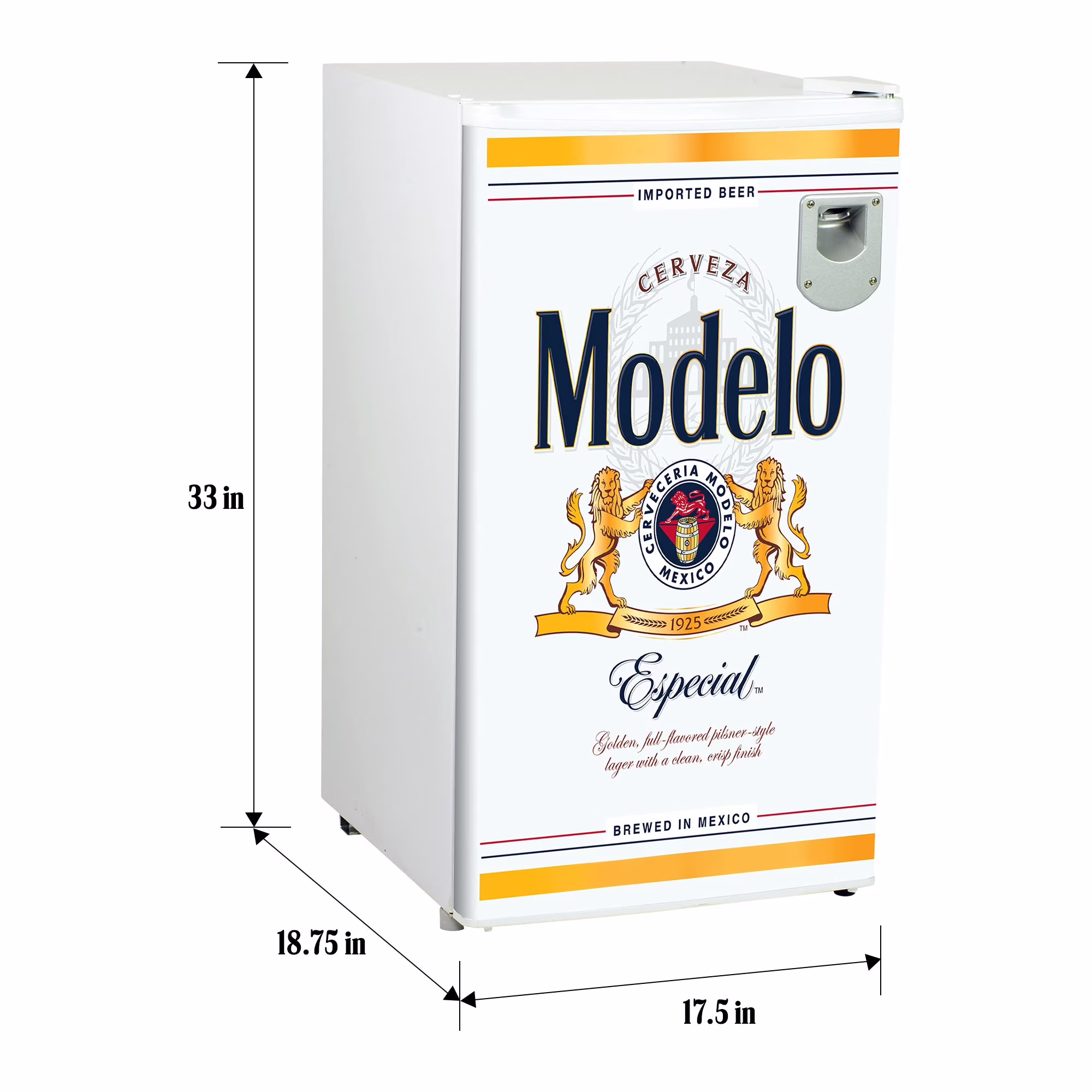 Modelo Compact Fridge w/ Bottle Opener, 3.2 cu ft (90L), White, Space-Saving Flat Back Design, Reversible Door, Tempered Glass Shelves, Licensed Modelo Artwork, Perfect for Beer-Lovers - Image 5