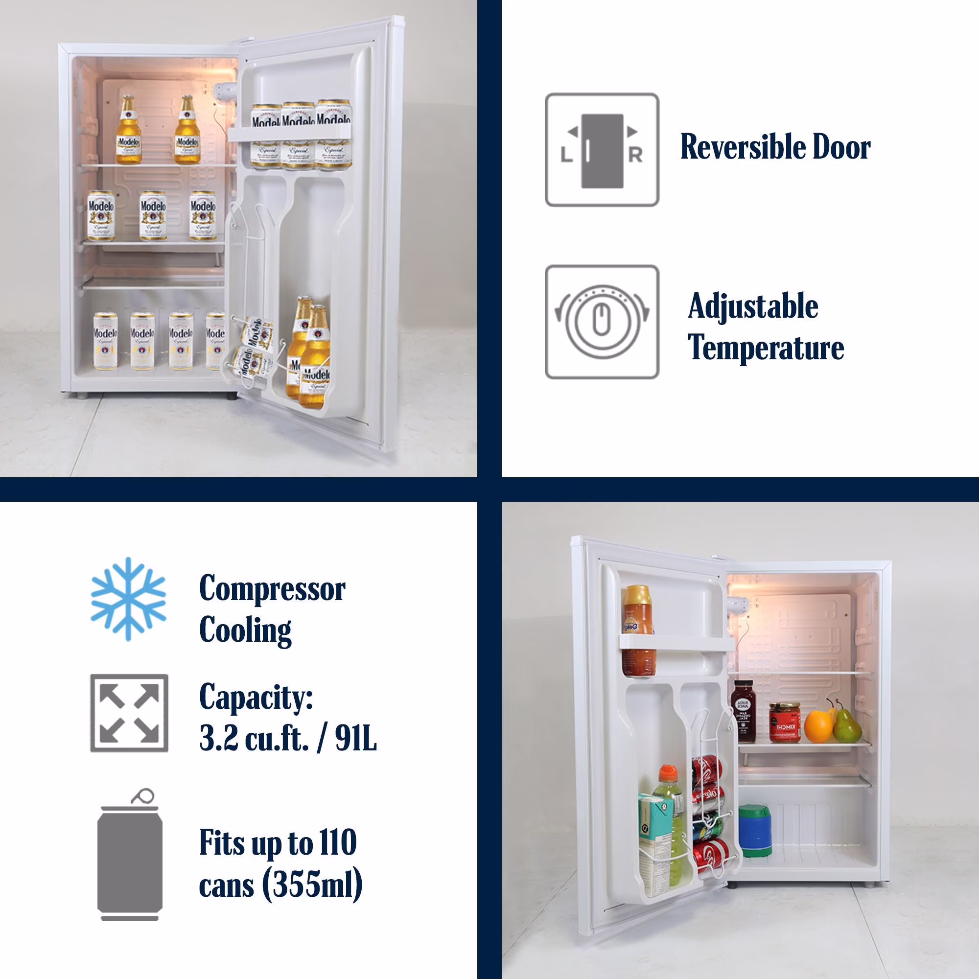 Modelo Compact Fridge w/ Bottle Opener, 3.2 cu ft (90L), White, Space-Saving Flat Back Design, Reversible Door, Tempered Glass Shelves, Licensed Modelo Artwork, Perfect for Beer-Lovers - Image 4