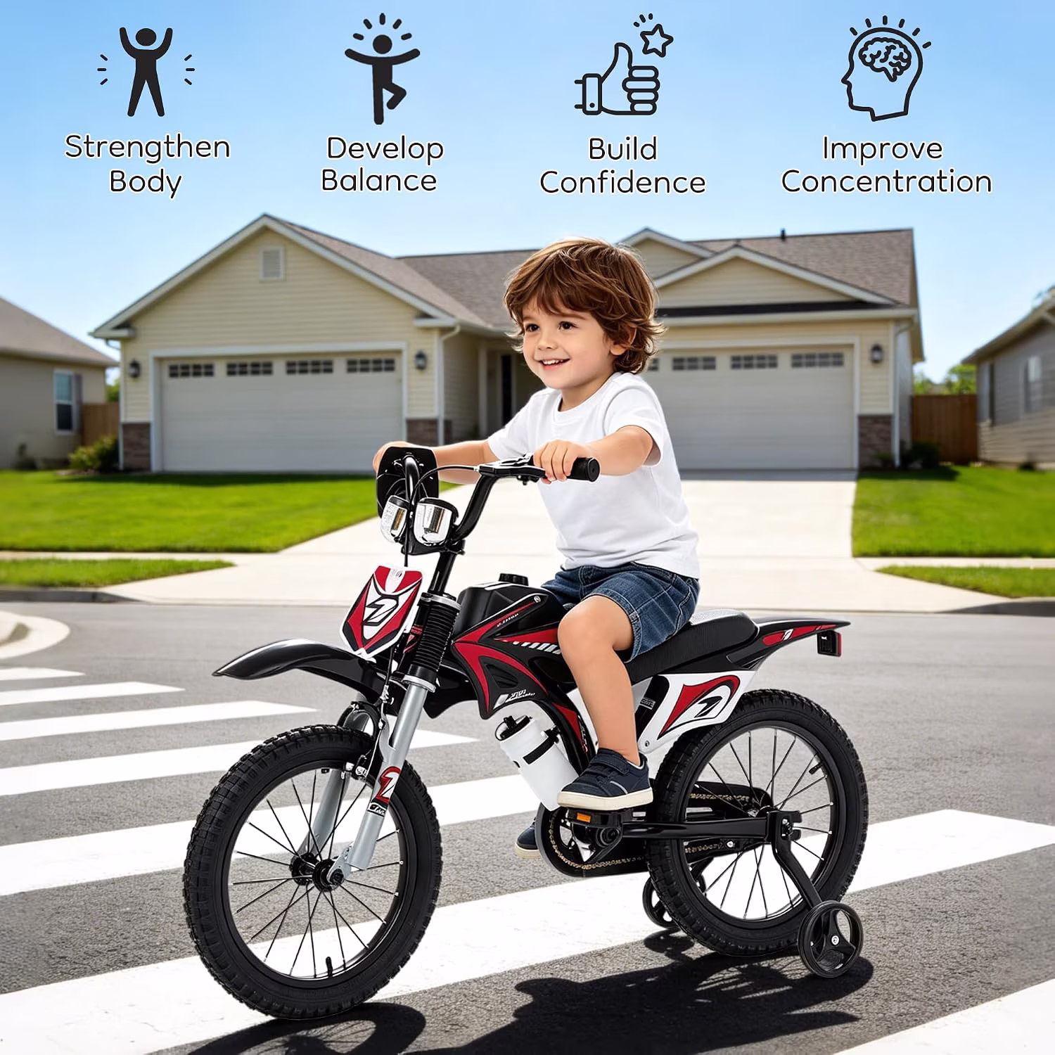 NEORIVER 16 Inch Motocross Style Kids Bike – Training Wheels, Sound Horn, Number Plate & Dashboard Included – Easy Assembly – Ages 3-12 Boys Girls - Image 5