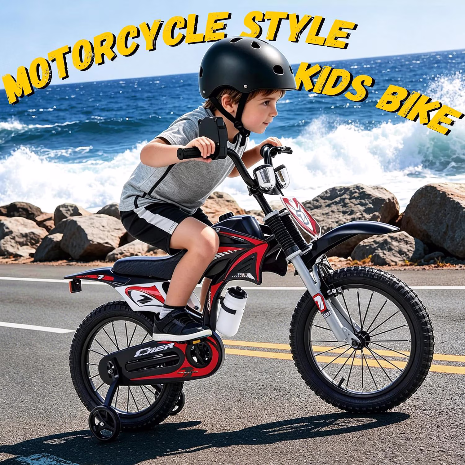 NEORIVER 16 Inch Motocross Style Kids Bike – Training Wheels, Sound Horn, Number Plate & Dashboard Included – Easy Assembly – Ages 3-12 Boys Girls - Image 2
