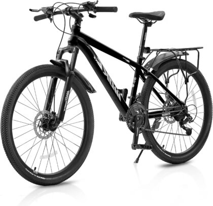 NEORIVER 24 Inch Mountain Bike, 21-Speed All-Terrain Bicycle with Suspension Fork, Dual Disc Brakes, Rear Rack & Internal Cable Routing
