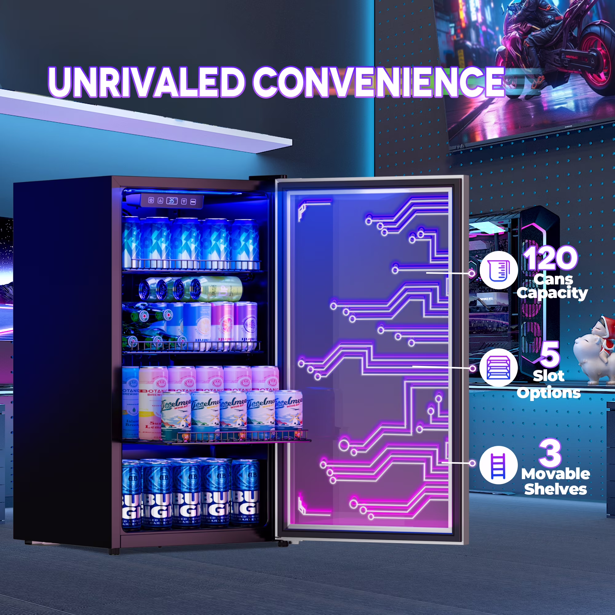 Nepsam Light Up Beverage Refrigertor, Led Lighting Door 120 Cans Freestanding Beverage Fridge, Cyberpunk Beverage Cooler for Gaming, Gaming Room, Bar, Party - Image 3