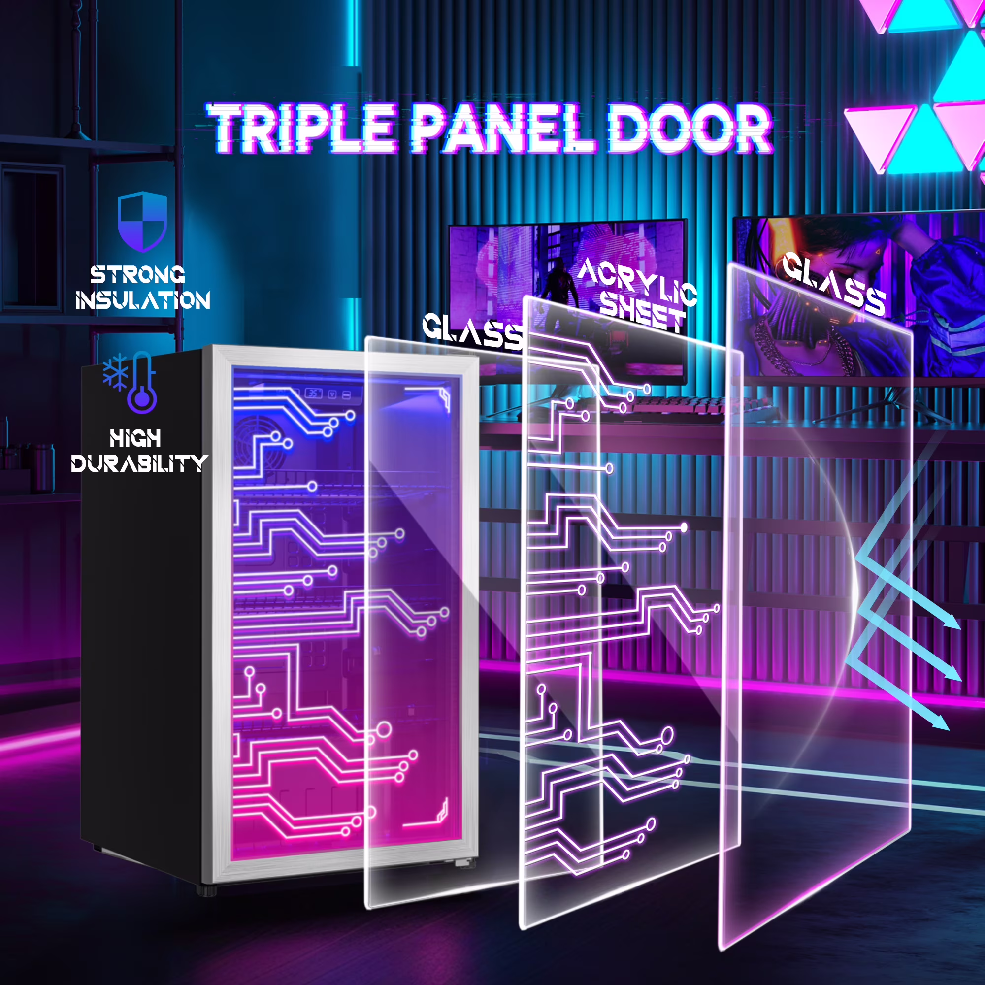 Nepsam Light Up Beverage Refrigertor, Led Lighting Door 120 Cans Freestanding Beverage Fridge, Cyberpunk Beverage Cooler for Gaming, Gaming Room, Bar, Party - Image 2