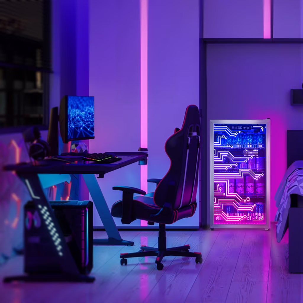 Nepsam Light Up Beverage Refrigertor, Led Lighting Door 120 Cans Freestanding Beverage Fridge, Cyberpunk Beverage Cooler for Gaming, Gaming Room, Bar, Party - Image 5