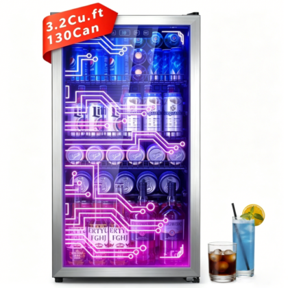 Nepsam Light Up Beverage Refrigertor, Led Lighting Door 120 Cans Freestanding Beverage Fridge, Cyberpunk Beverage Cooler for Gaming, Gaming Room, Bar, Party