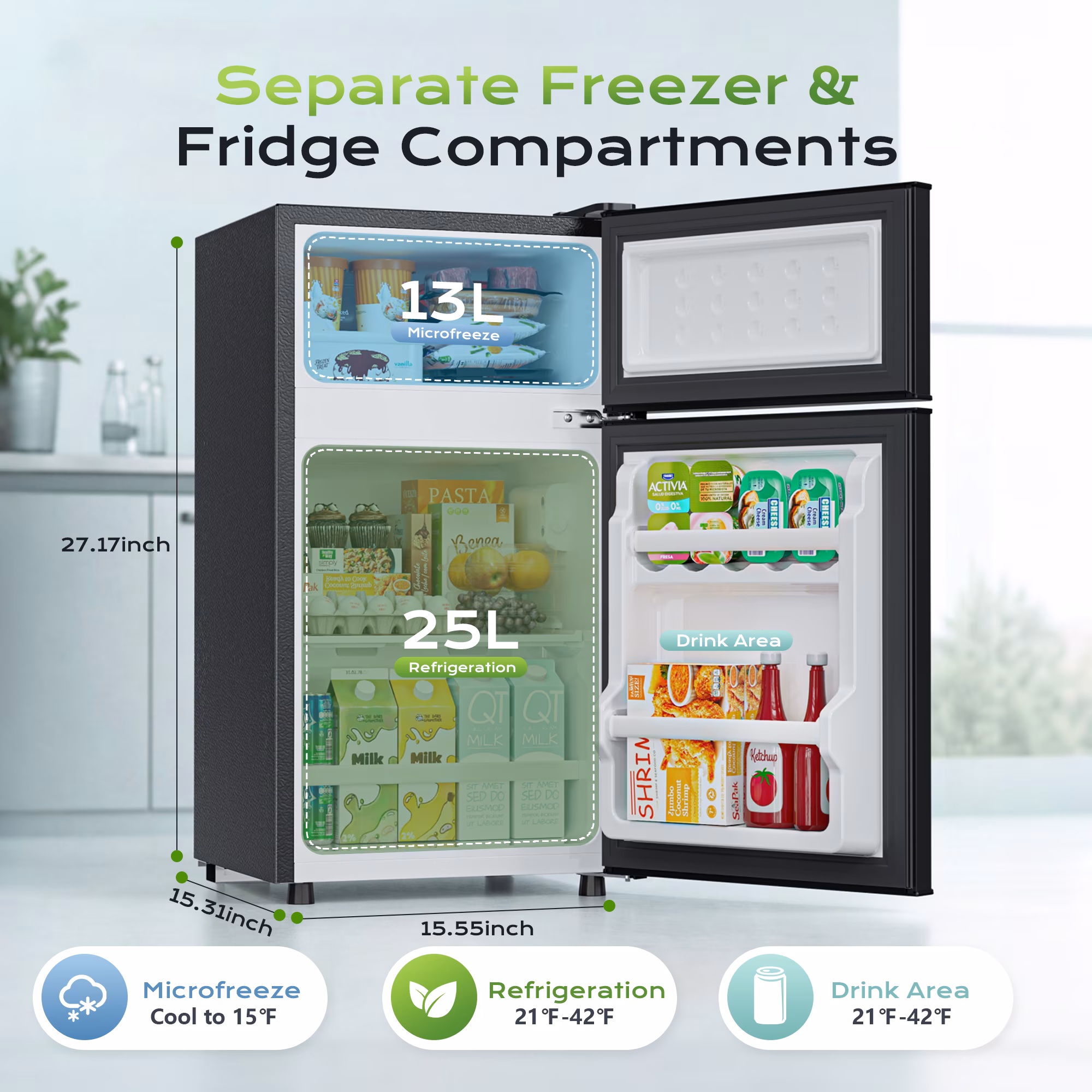 Nepsam Mini Refrigerator with Top Freezer 38 Liter Dual Door Small Refrigerator with 7-Level Adjustable Thermostat for Office, Black - Image 2