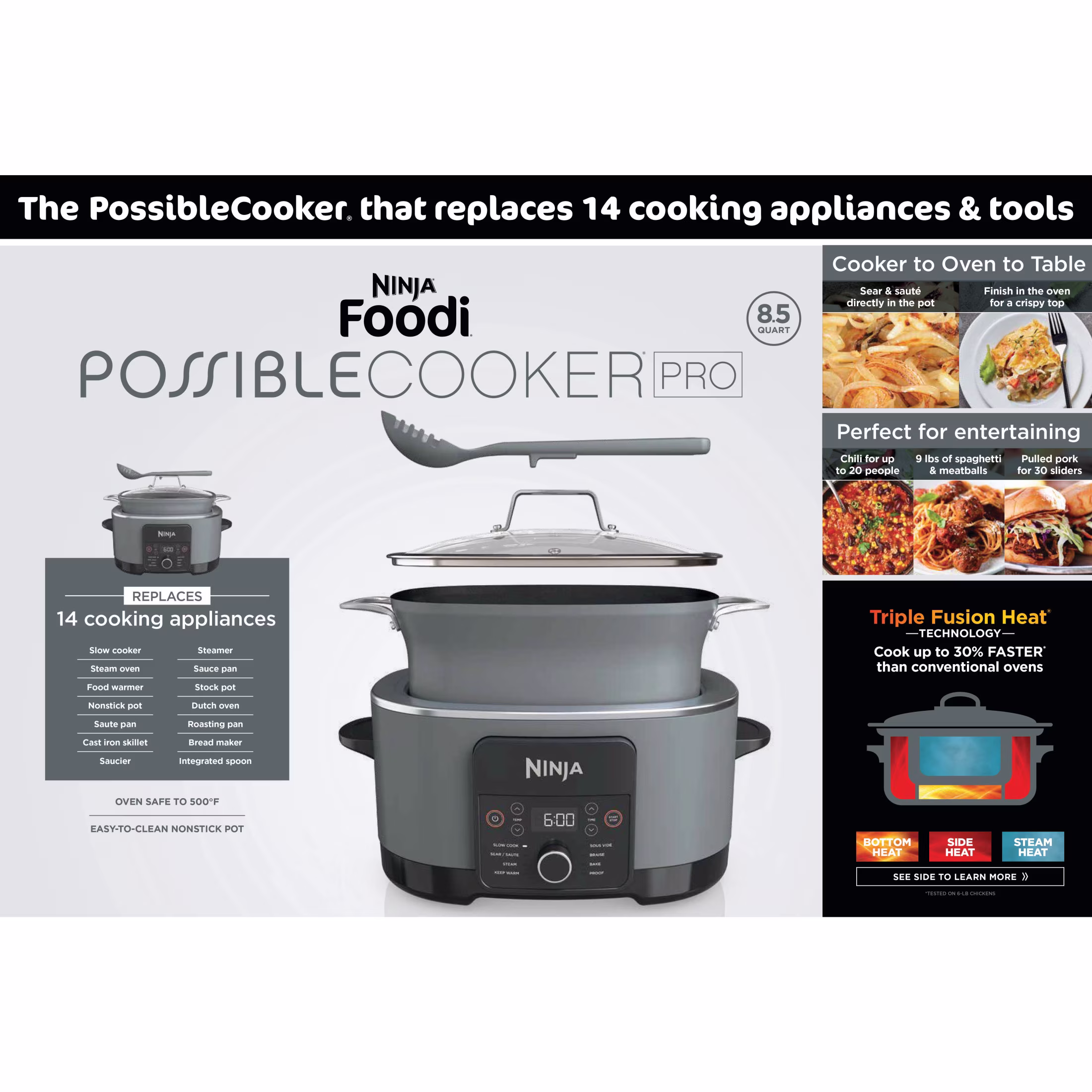 Ninja 14-in-1 PossibleCooker PRO 8.5-qt Multi-Cooker, with Slow Cooker, Dutch Oven, Steamer & More, Glass Lid & Integrated Spoon, Oven Safe Pot to 500°F, MC1001 Sea Salt Gray - Image 4