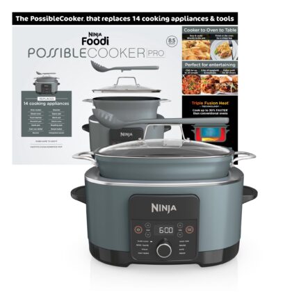 Ninja 14-in-1 PossibleCooker PRO 8.5-qt Multi-Cooker, with Slow Cooker, Dutch Oven, Steamer & More, Glass Lid & Integrated Spoon, Oven Safe Pot to 500°F, MC1001 Sea Salt Gray