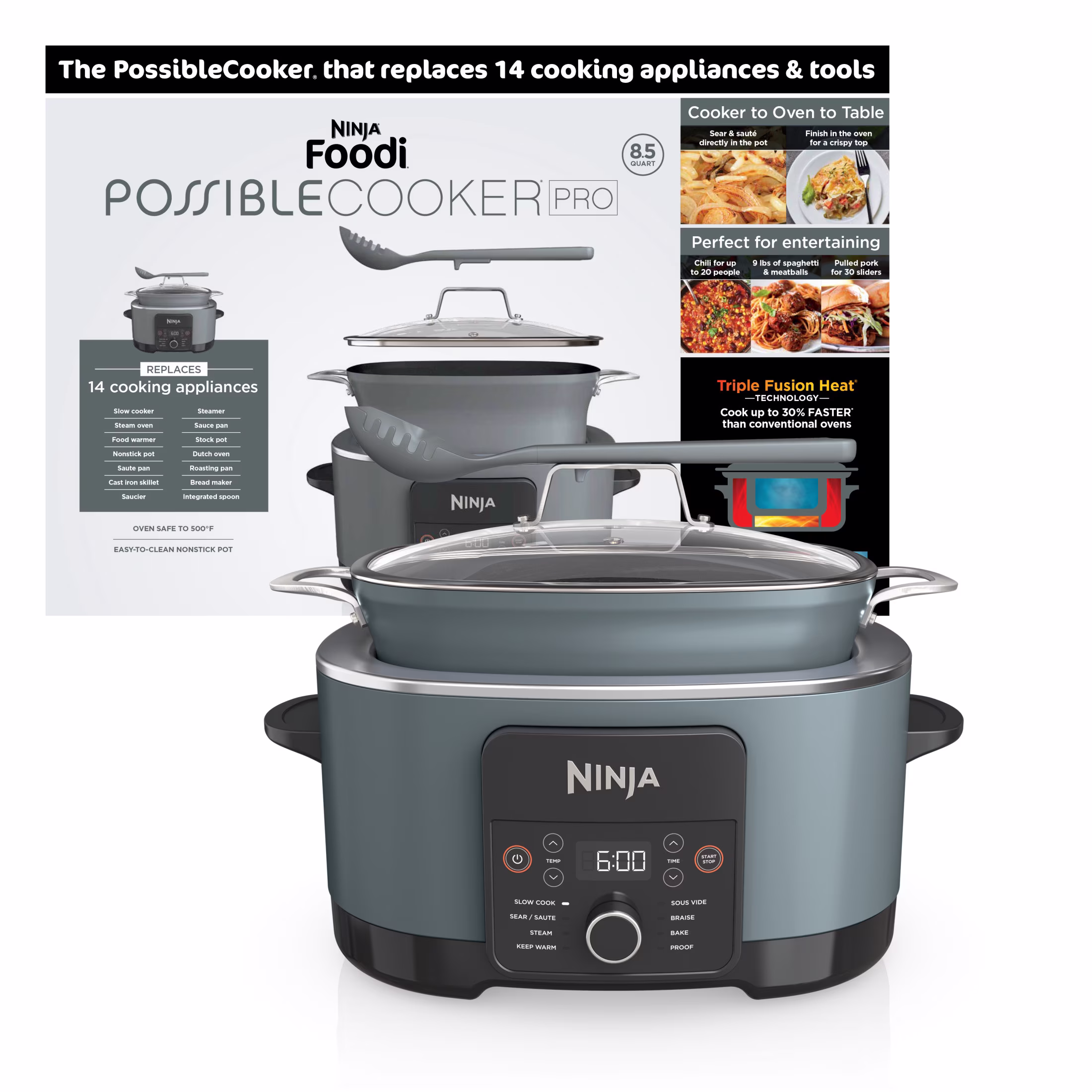 Ninja 14-in-1 PossibleCooker PRO 8.5-qt Multi-Cooker, with Slow Cooker, Dutch Oven, Steamer & More, Glass Lid & Integrated Spoon, Oven Safe Pot to 500°F, MC1001 Sea Salt Gray