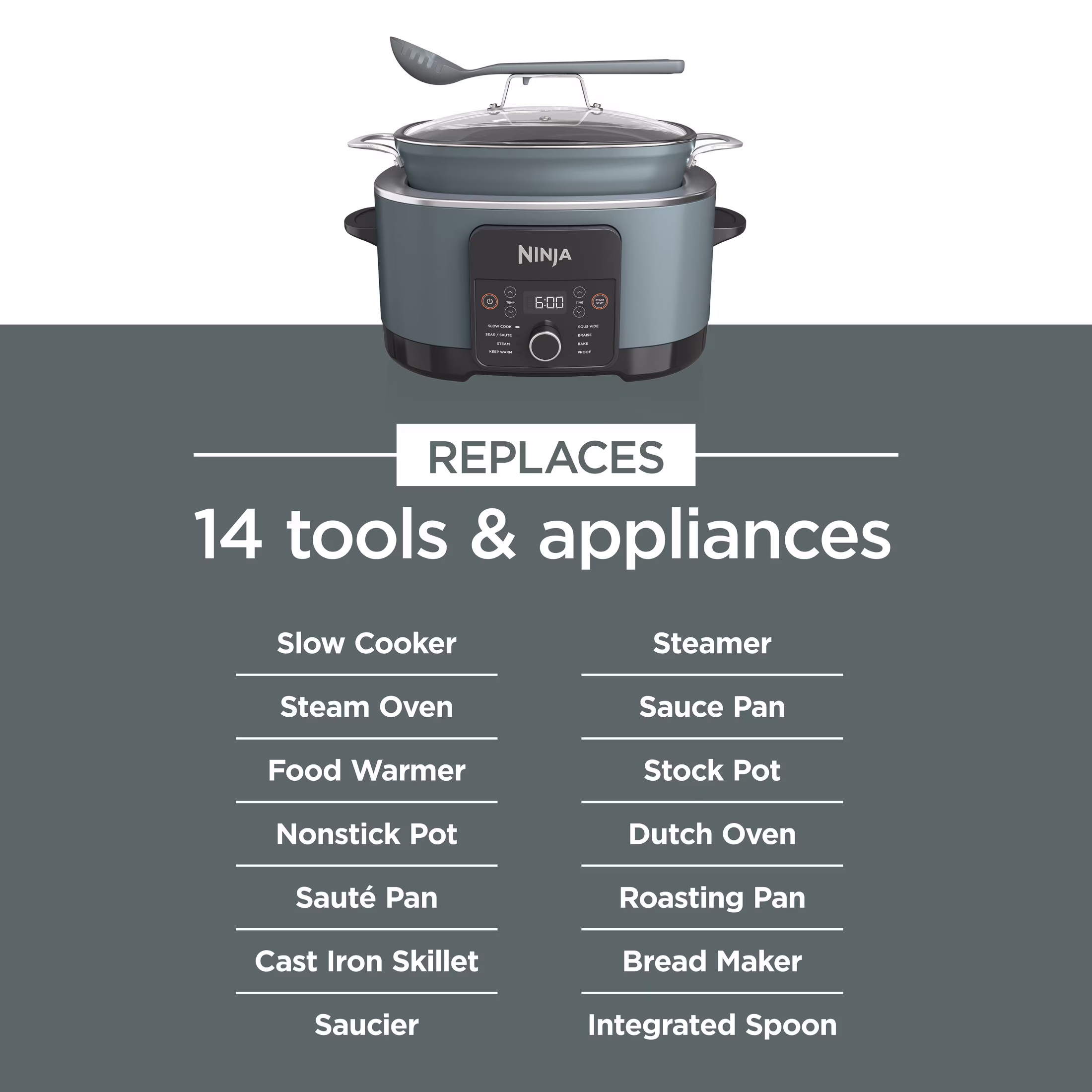 Ninja 14-in-1 PossibleCooker PRO 8.5-qt Multi-Cooker, with Slow Cooker, Dutch Oven, Steamer & More, Glass Lid & Integrated Spoon, Oven Safe Pot to 500°F, MC1001 Sea Salt Gray - Image 3