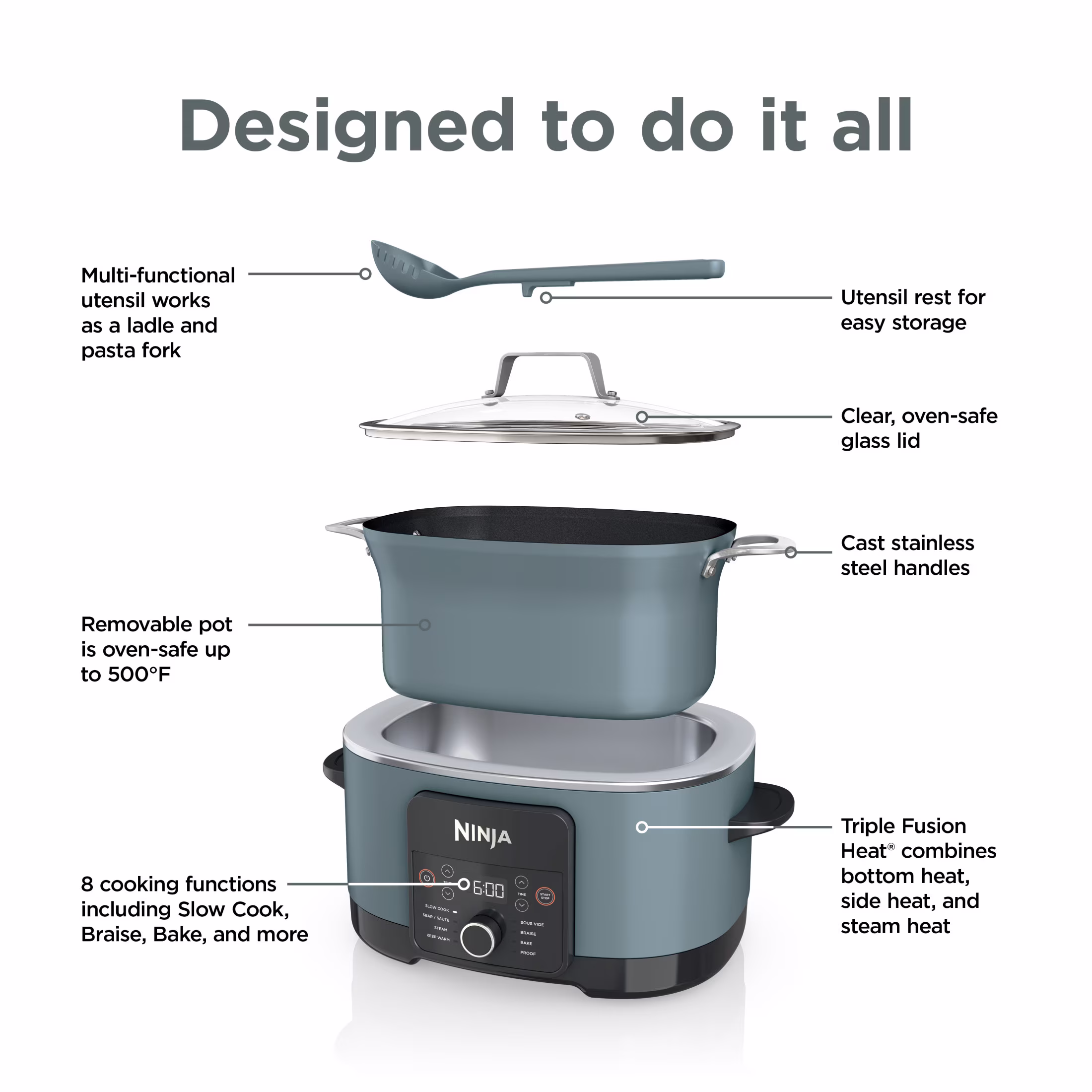 Ninja 14-in-1 PossibleCooker PRO 8.5-qt Multi-Cooker, with Slow Cooker, Dutch Oven, Steamer & More, Glass Lid & Integrated Spoon, Oven Safe Pot to 500°F, MC1001 Sea Salt Gray - Image 2