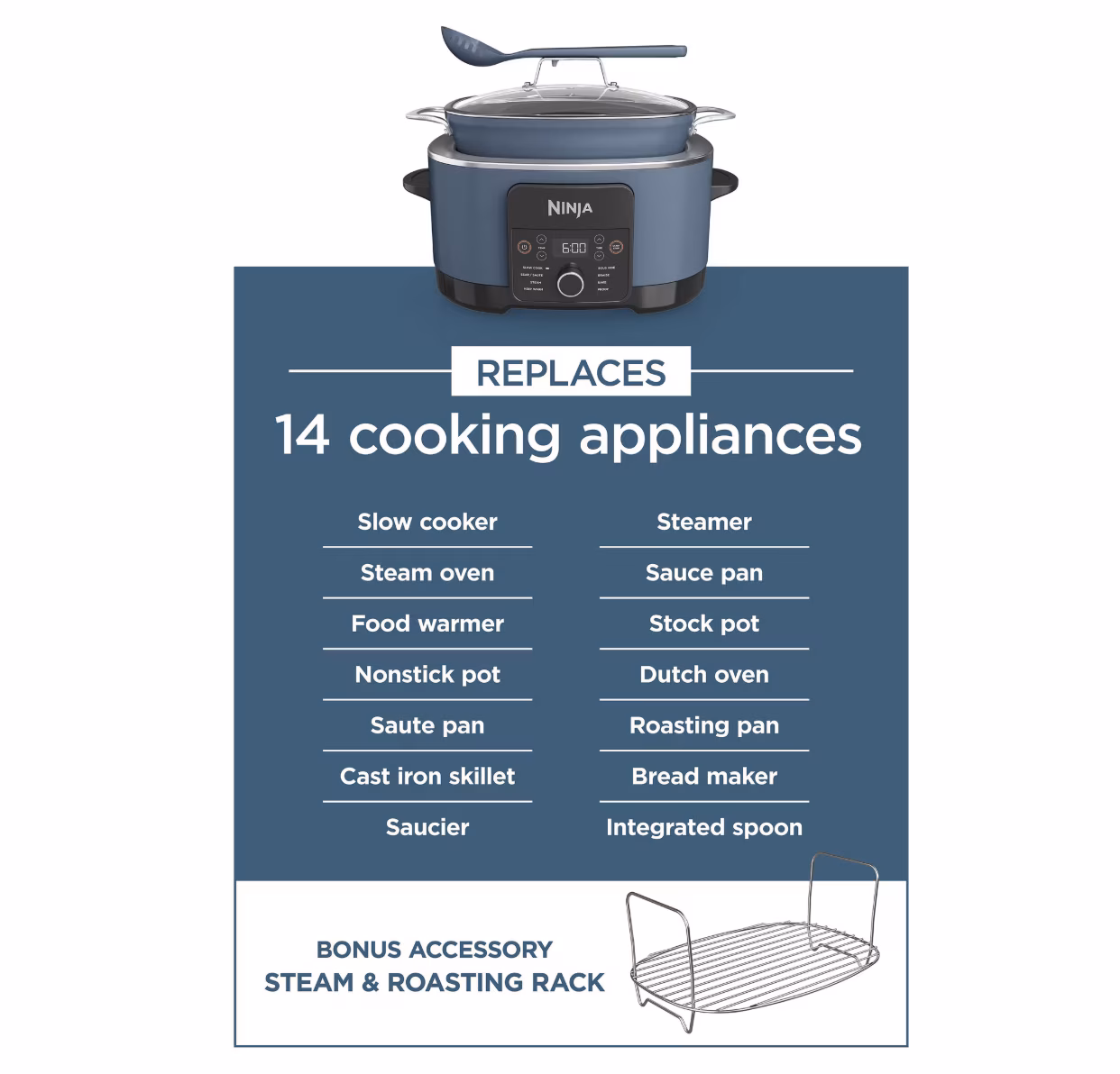Ninja 14-in-1 PossibleCooker PRO 8.5-Qt Multi-Cooker with Steam & Roasting Rack, Blue, MC1001ABL - Image 5