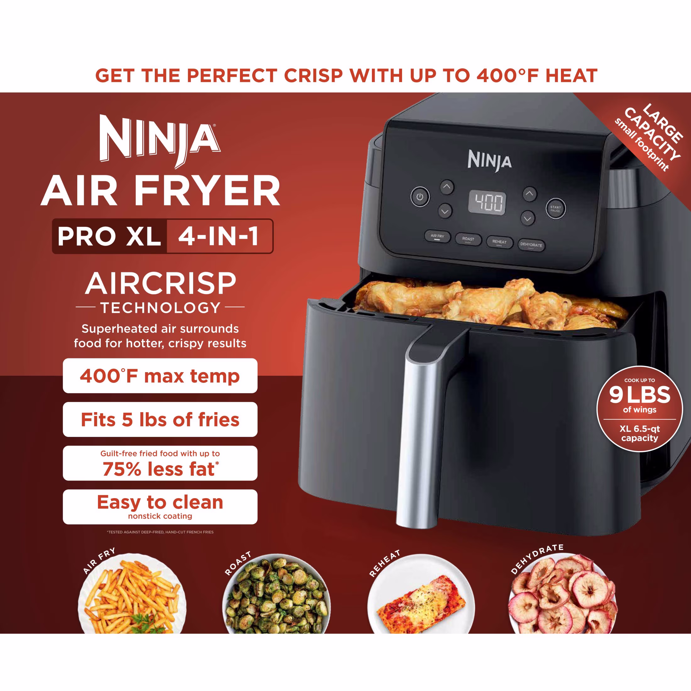 Ninja Air Fryer Pro XL 6.5-Qt, 4-in-1, Air Crisp Technology, Nonstick Crisper Plate, AF180 Black - Image 3