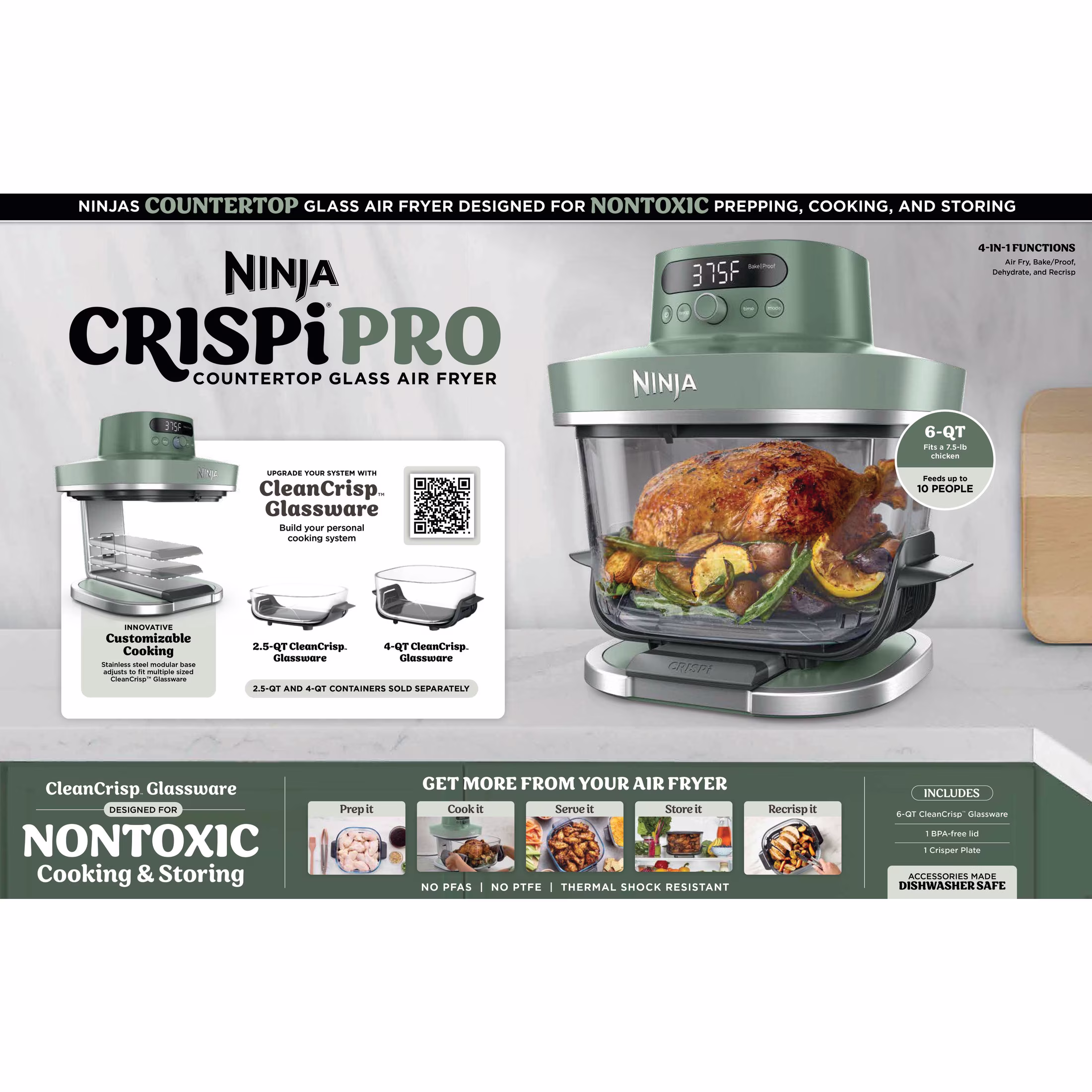 Ninja Crispi Pro Glass Air Fryer 6-Qt, 4-in-1, Air Fry Bake Recrisp Dehydrate, Dishwasher Safe, AS100GN - Image 4