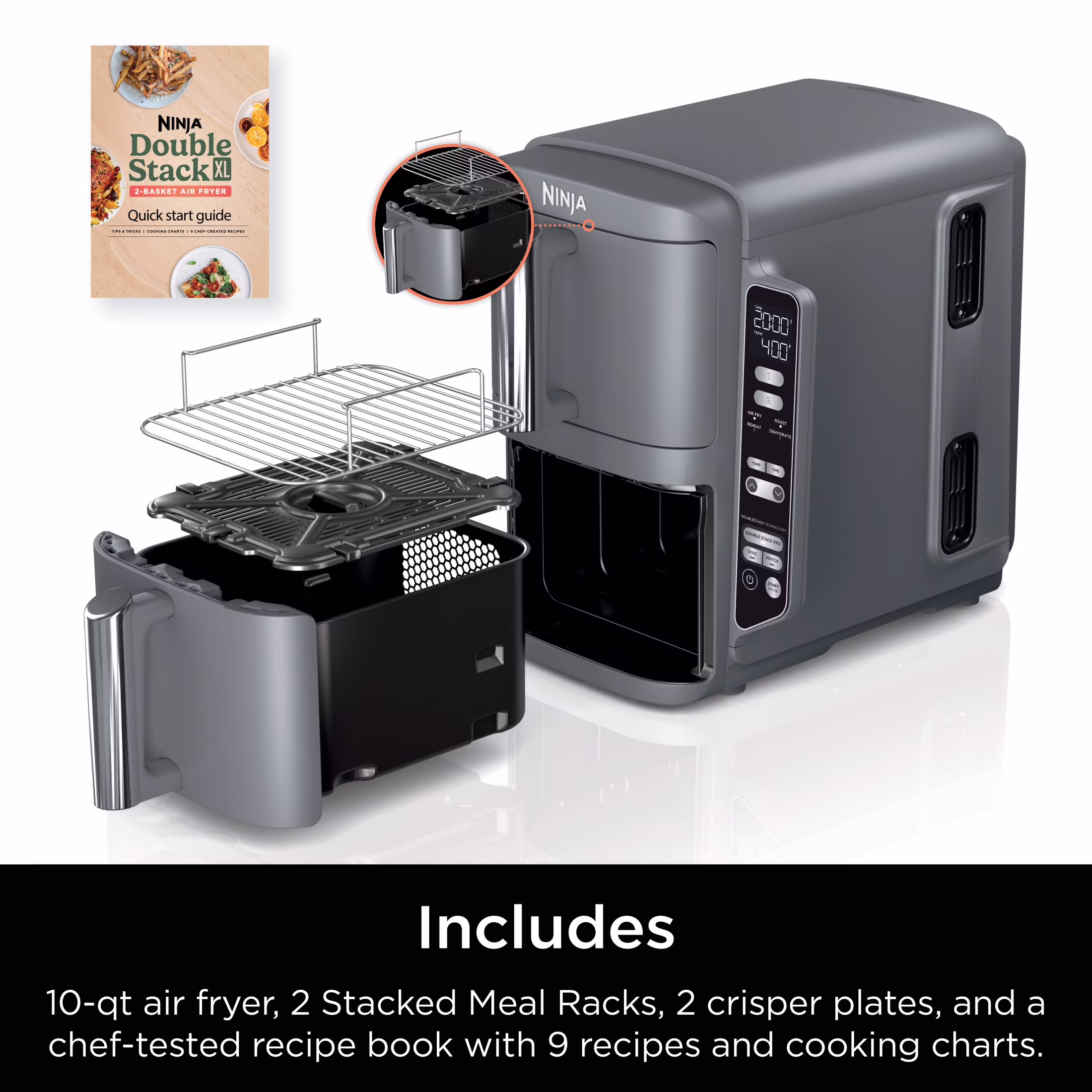 Ninja DoubleStack XL Air Fryer 10-Qt, 2 Baskets, Cook 4 Foods at Once, Space Saving, 6-in-1, SL400 Gray - Image 4
