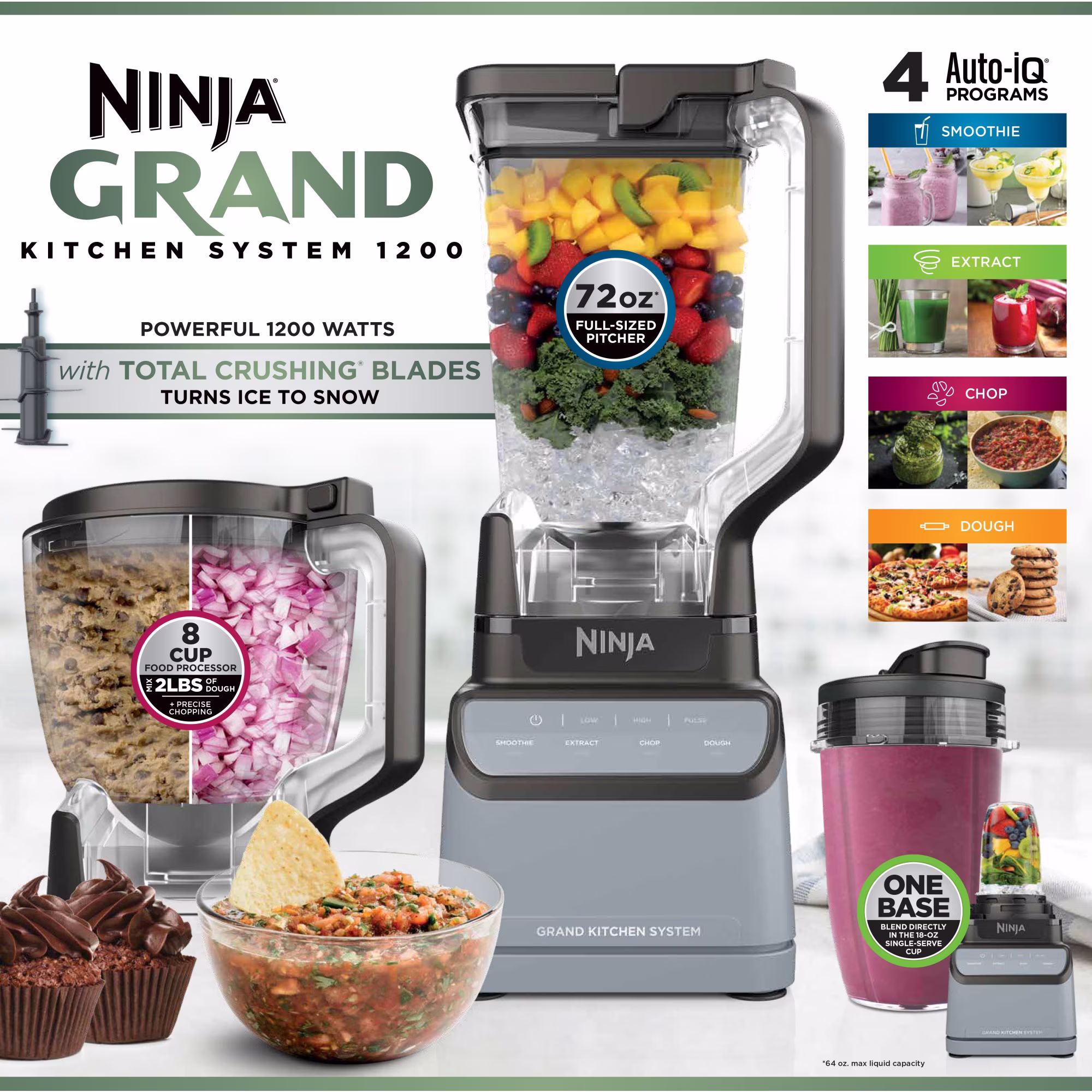 Ninja Grand Kitchen System 72-Oz Blender, 4 Presets, Smoothie, Chop, Dough, 3 Speeds, 1200W, KS500 Gray - Image 3
