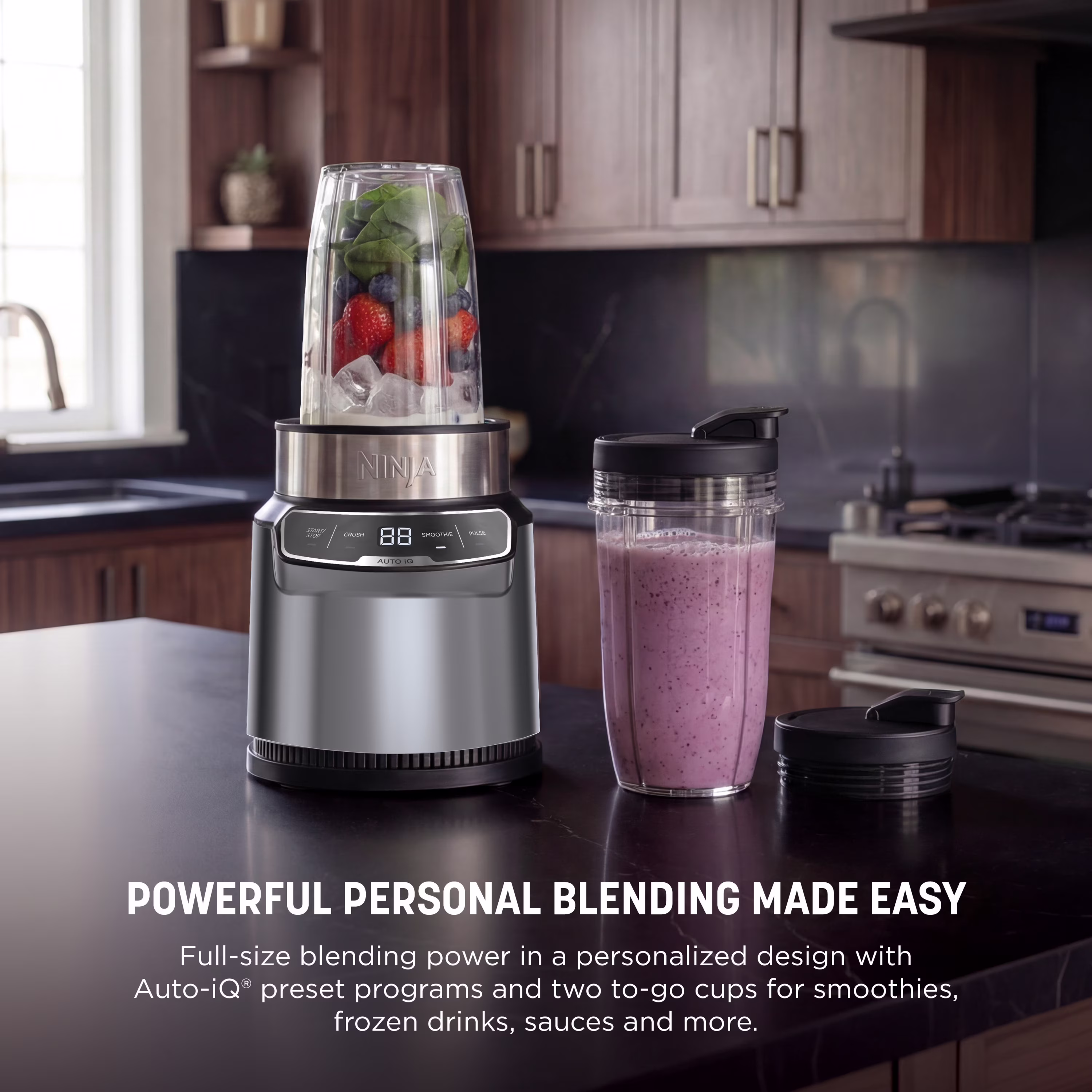 Ninja Nutri Pro Compact Personal Blender, 18-Oz and 24-Oz To-Go Cups & Spout Lids, Auto-iQ Technology, Smoothies, Crush, BN400 Stone Silver - Image 2