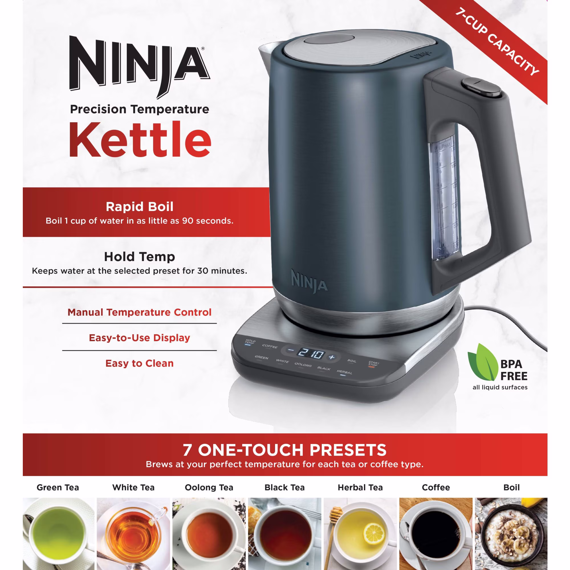 Ninja Precision Temperature Electric Kettle with 7 Presets and Rapid Boil, 7-Cup Capacity, Blue Stainless - Image 2