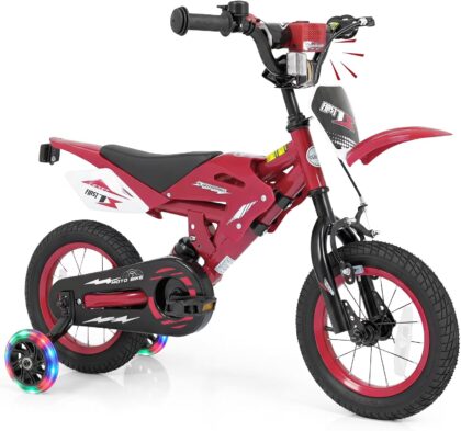 OLAKIDS Kids BMX Bike, 12 16 Inch Motorcycle Style Toddler Bicycle with Light up Training Wheels Rear Suspension Sound Box Adjustable Handlebar for Boys Girls