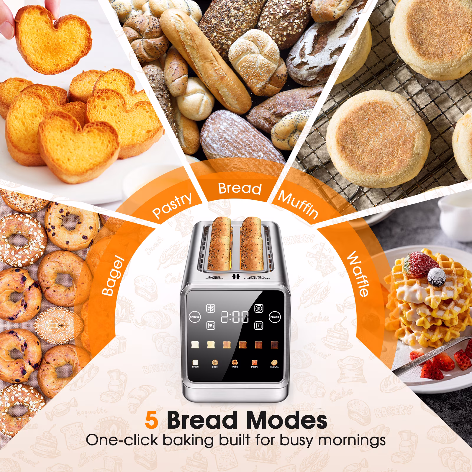 ONSON 1400W 4-Slice Smart Toaster with Digital Touchscreen, Extra-Wide Slots, Stainless Steel,Fast Heating,5 Bread Settings & 6 Shade Options - Image 3