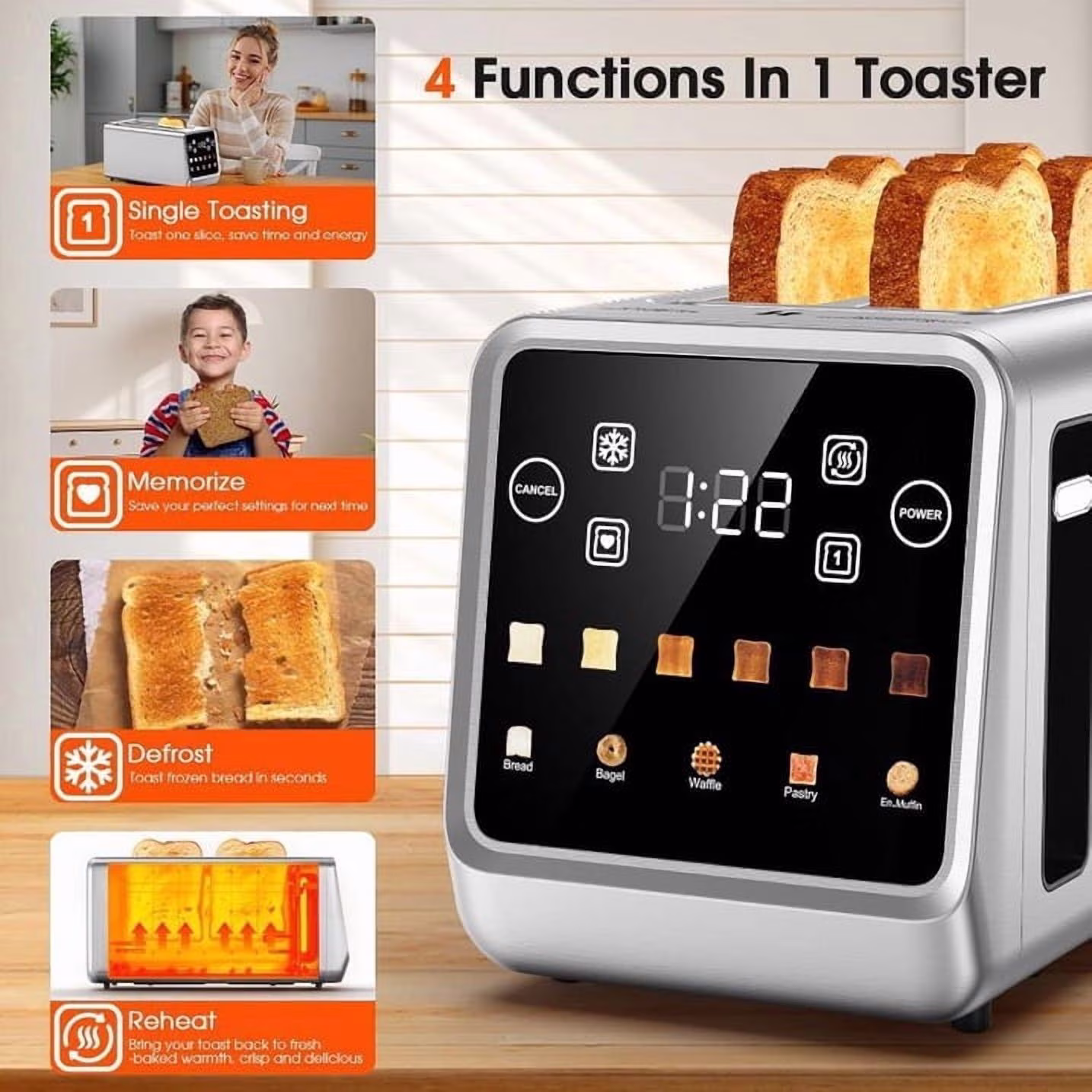 ONSON 1400W 4-Slice Smart Toaster with Digital Touchscreen, Extra-Wide Slots, Stainless Steel,Fast Heating,5 Bread Settings & 6 Shade Options - Image 2