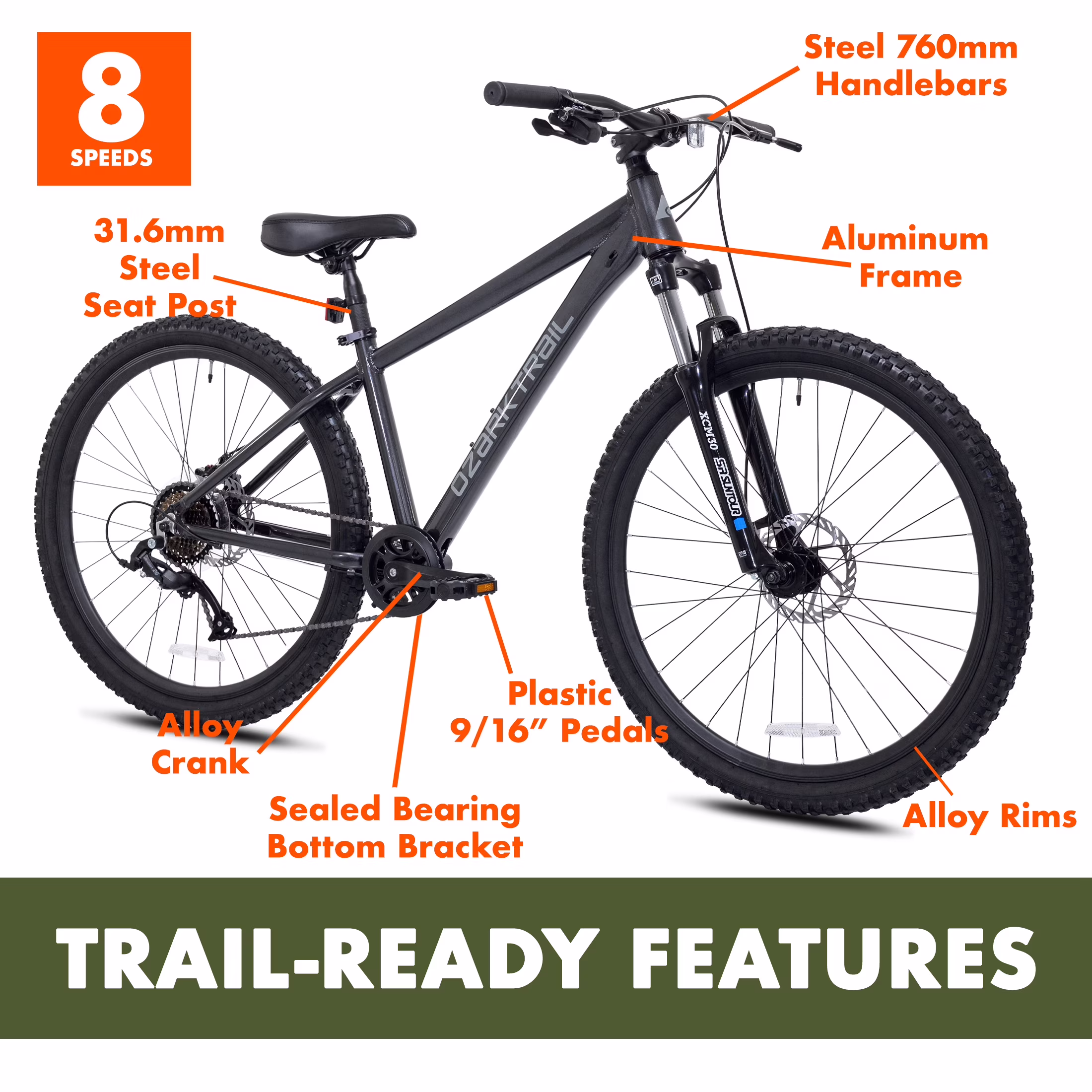 Ozark Trail Timber 27.5 in Mountain Bike, Small Frame, Fits Riders 5 ft 0 in-5 ft 6 in, Black, Adult, Unisex - Image 5