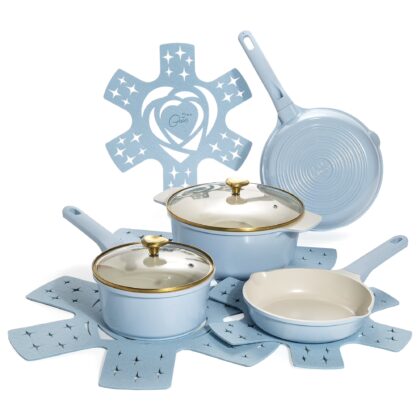 Paris Hilton 10-Piece Clean Ceramic Nonstick Cooking Pots and Pans with Lids Cookware Set with Heart Shaped Lid Knobs, Blue