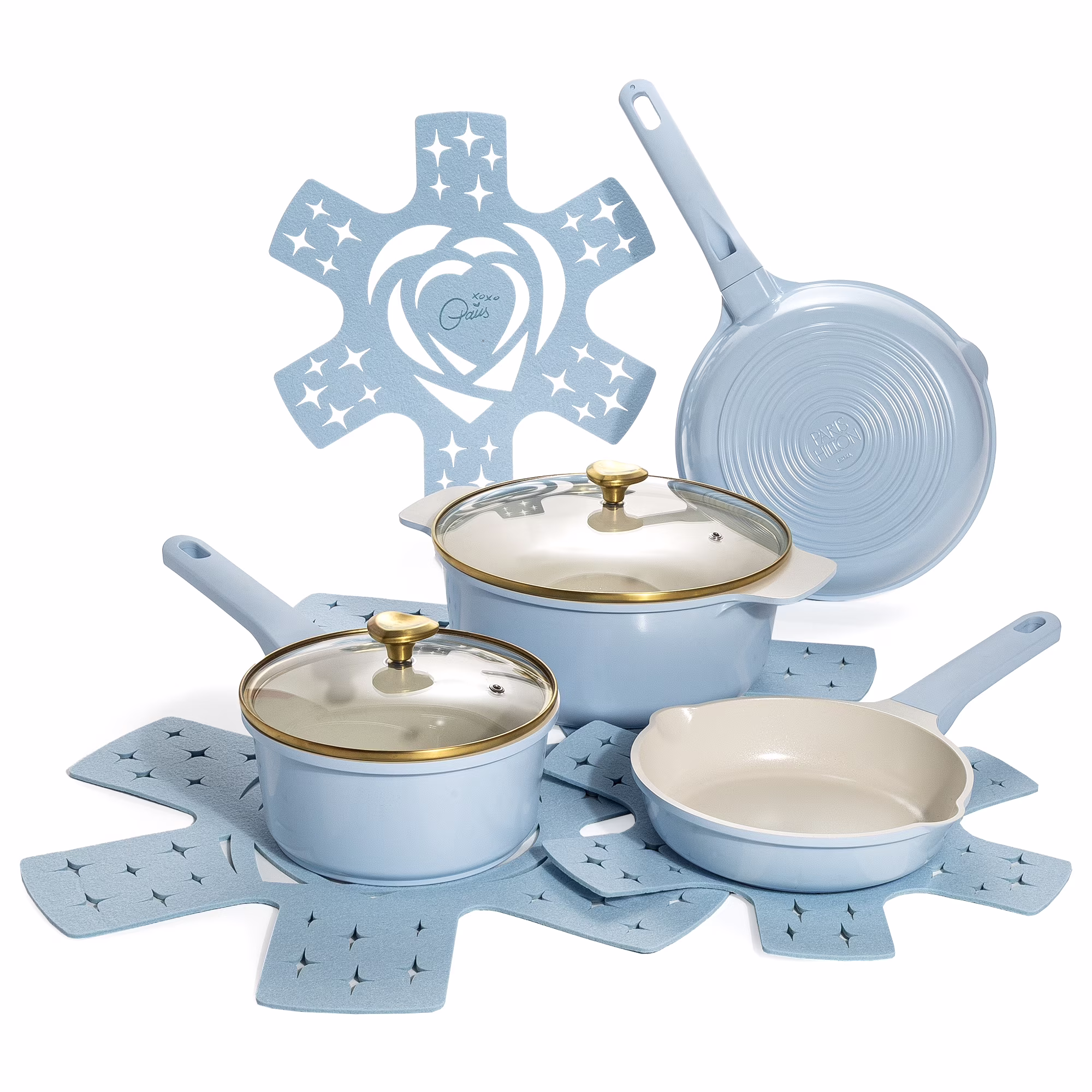 Paris Hilton 10-Piece Clean Ceramic Nonstick Cooking Pots and Pans with Lids Cookware Set with Heart Shaped Lid Knobs, Blue