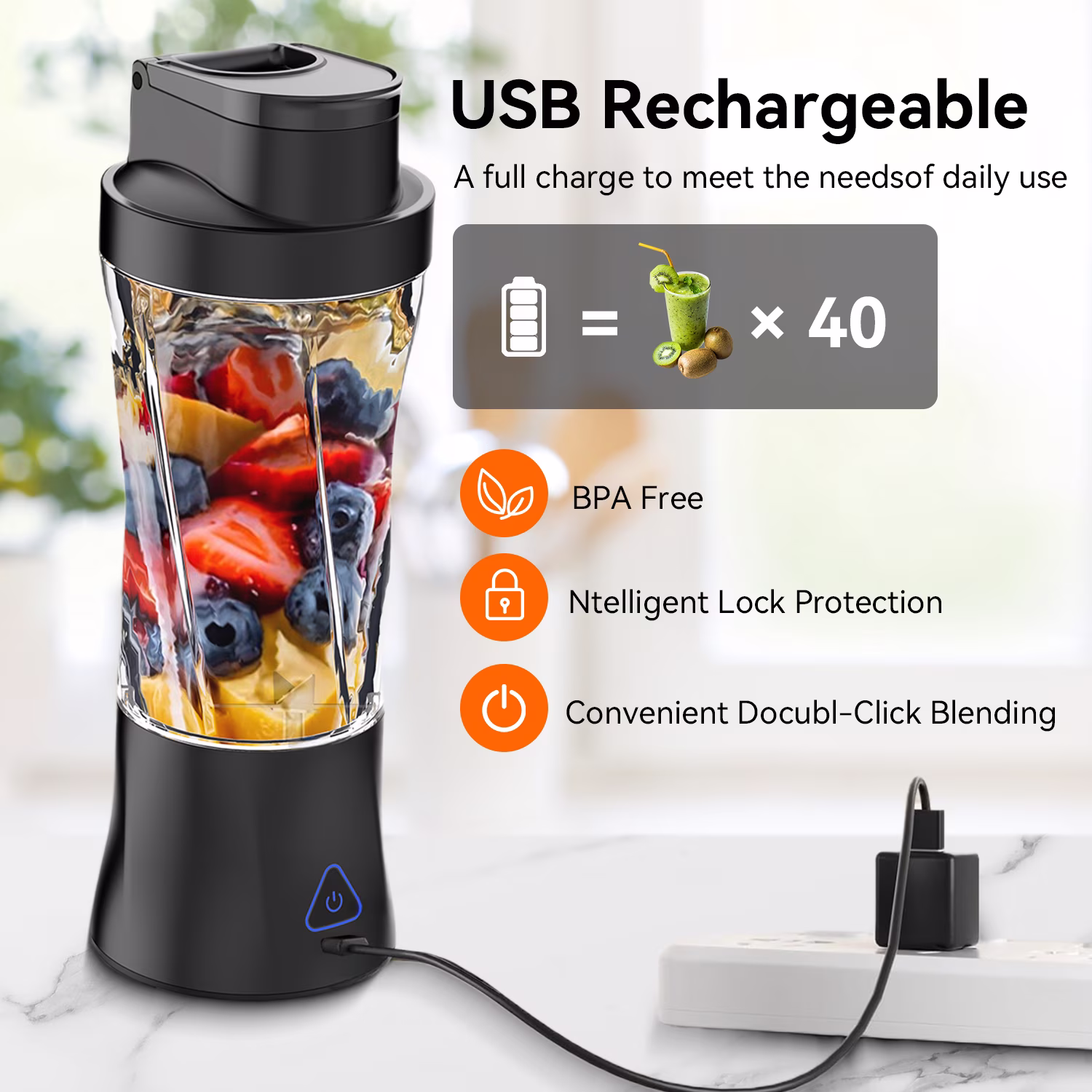 Portable Blender, 6000mAh Portable Juicer with USB Rechargeable for Shakes and Smoothies, BPA Free 24 oz Juicer Cup with 6 Blades and Lid, 360W Self Cleaning Personal Blender for Home/Office/Travel - Image 2