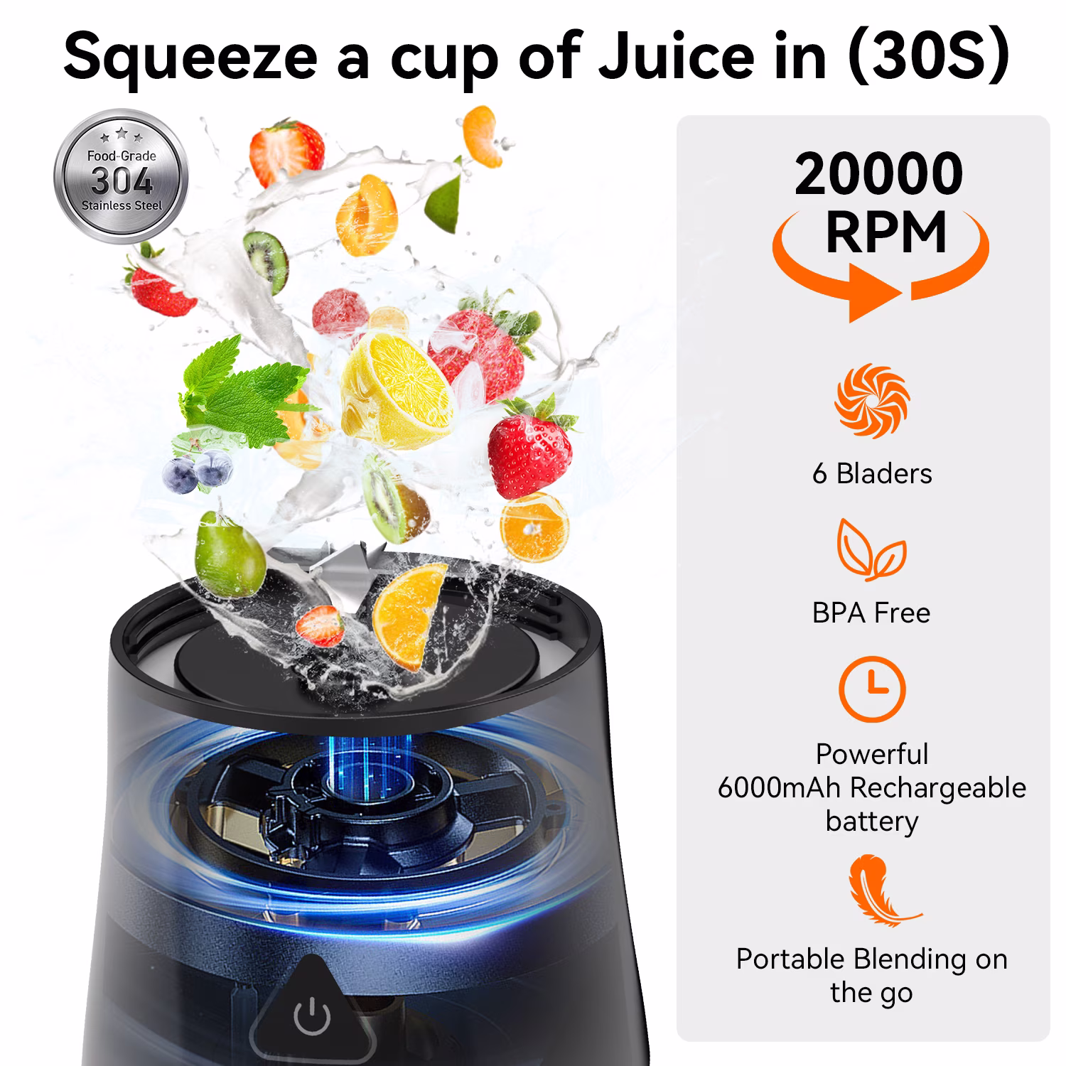 Portable Blender, 6000mAh Portable Juicer with USB Rechargeable for Shakes and Smoothies, BPA Free 24 oz Juicer Cup with 6 Blades and Lid, 360W Self Cleaning Personal Blender for Home/Office/Travel - Image 5